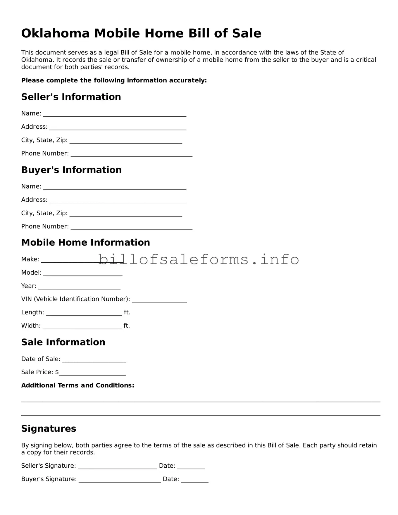 Legal Mobile Home Bill of Sale Form for Oklahoma State