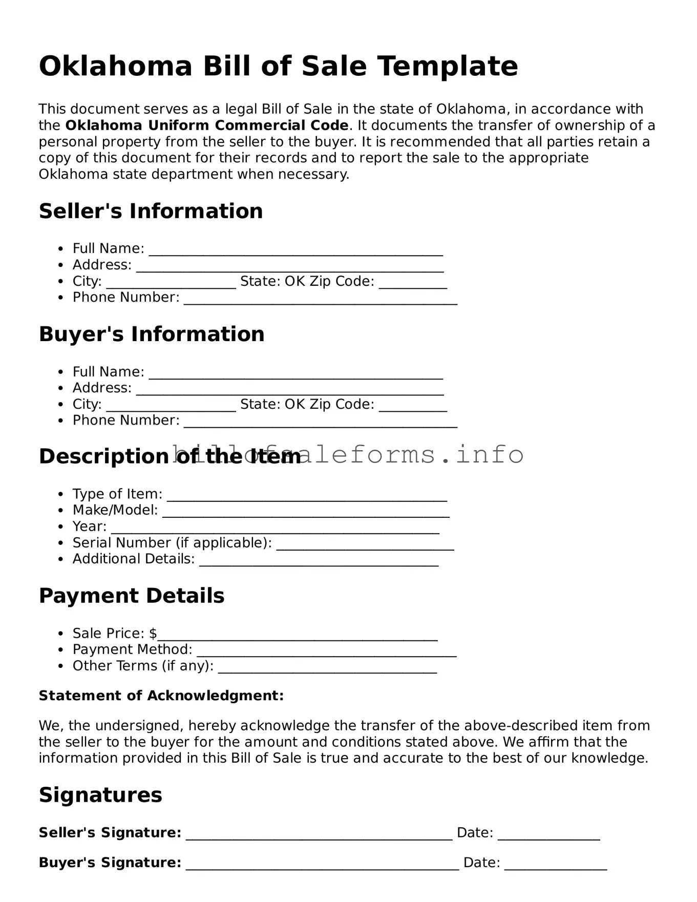 Legal Bill of Sale Form for Oklahoma State