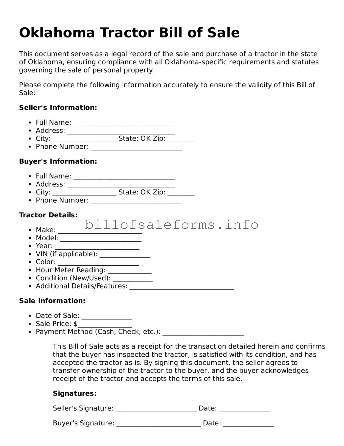 Legal Tractor Bill of Sale Form for Oklahoma State