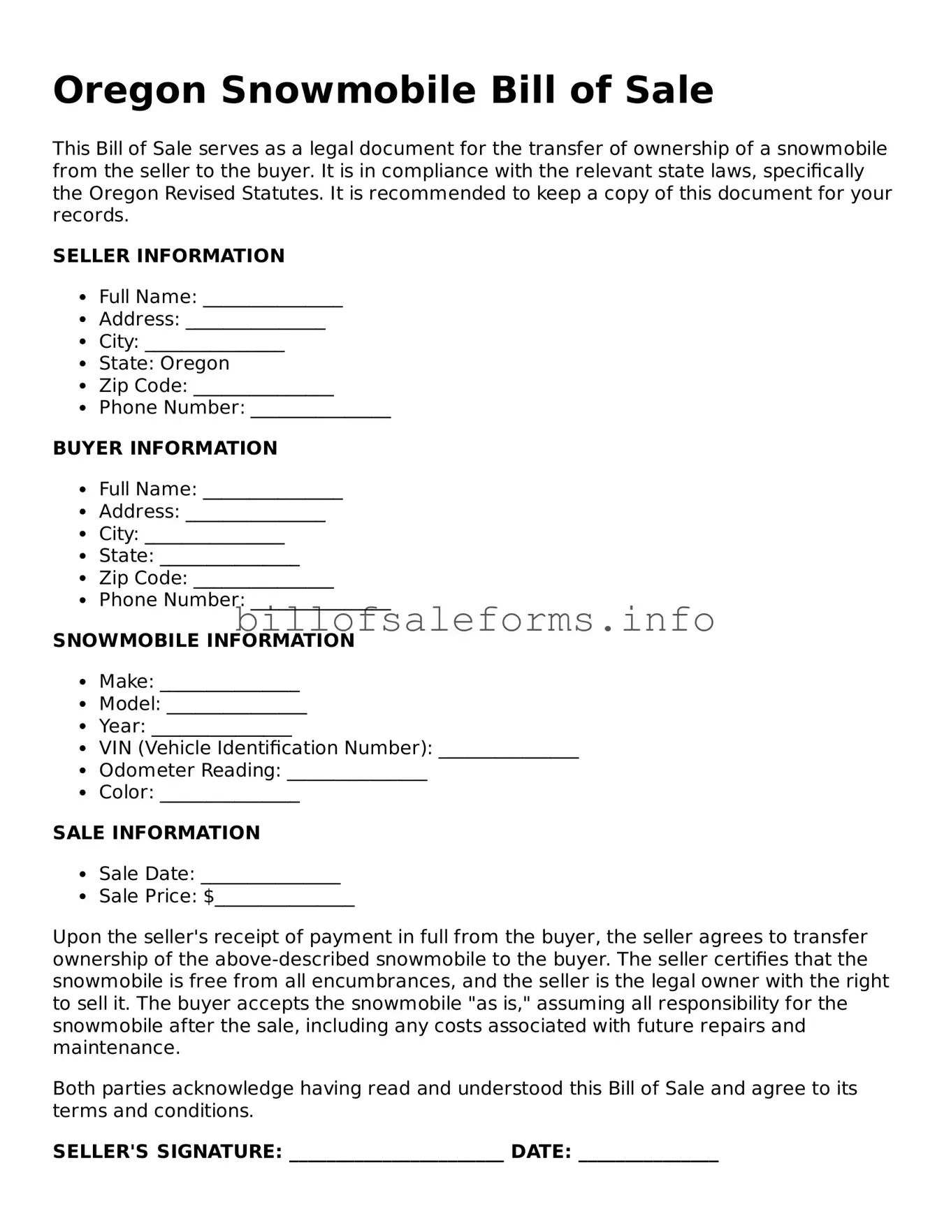Legal Snowmobile Bill of Sale Form for Oregon State