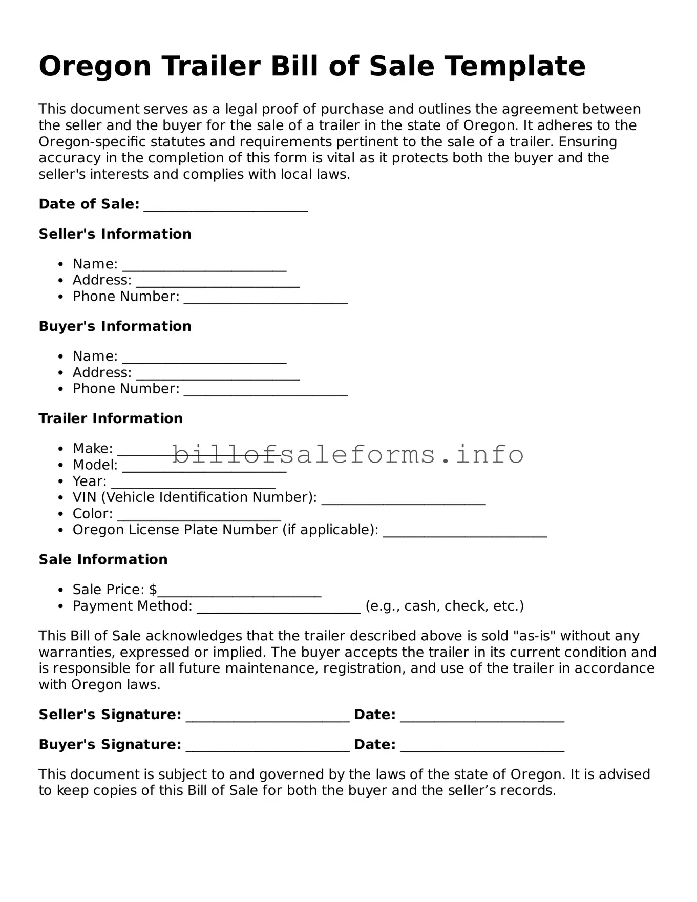 Legal Trailer Bill of Sale Form for Oregon State