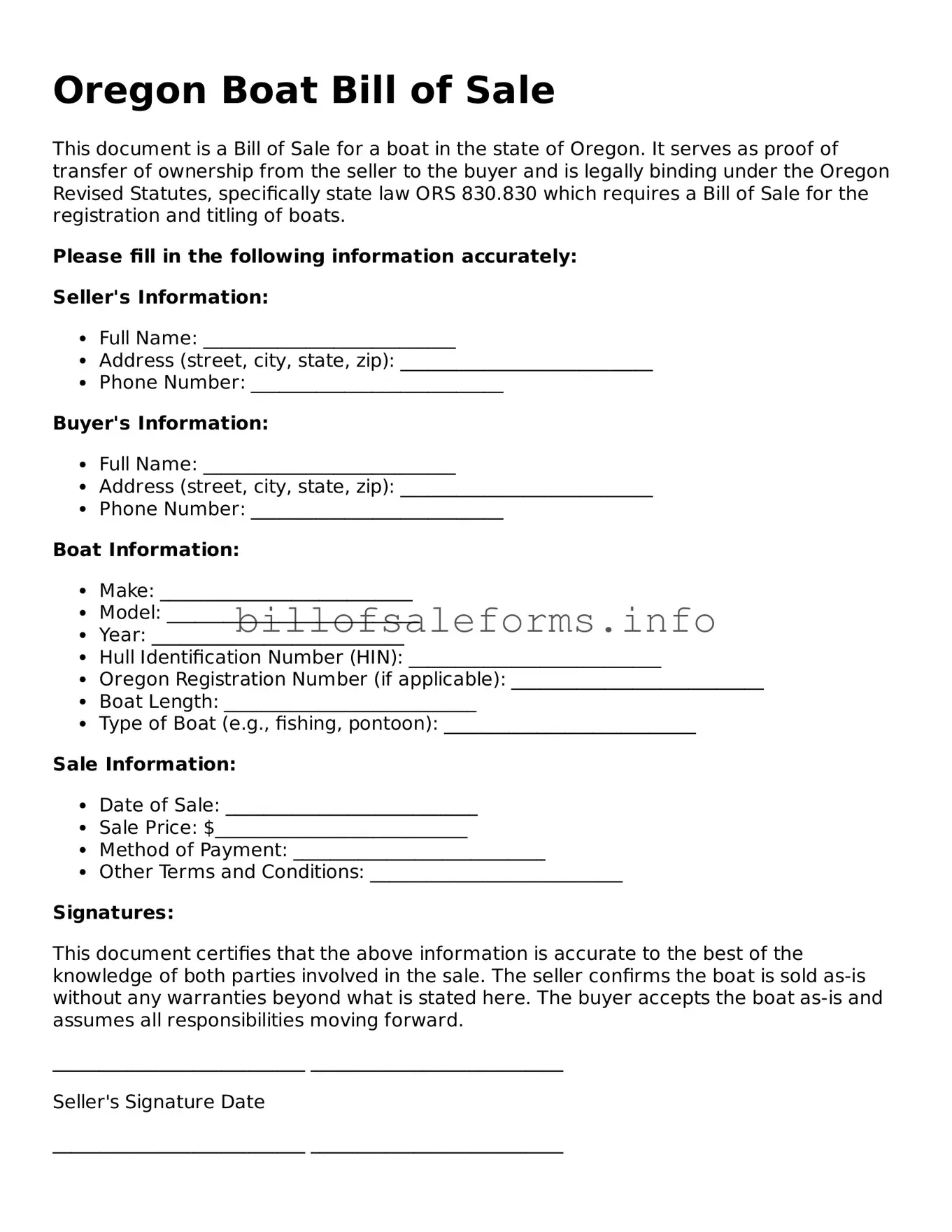 Legal Boat Bill of Sale Form for Oregon State
