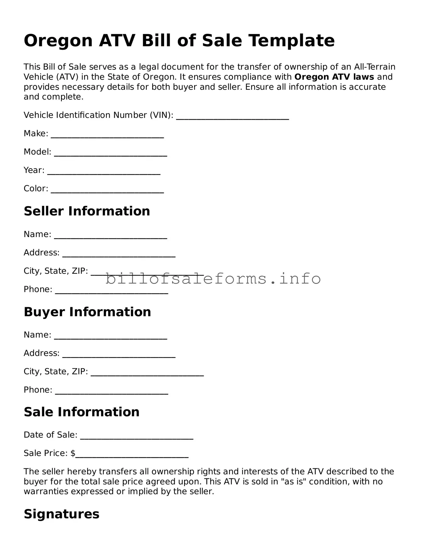 Legal ATV Bill of Sale Form for Oregon State
