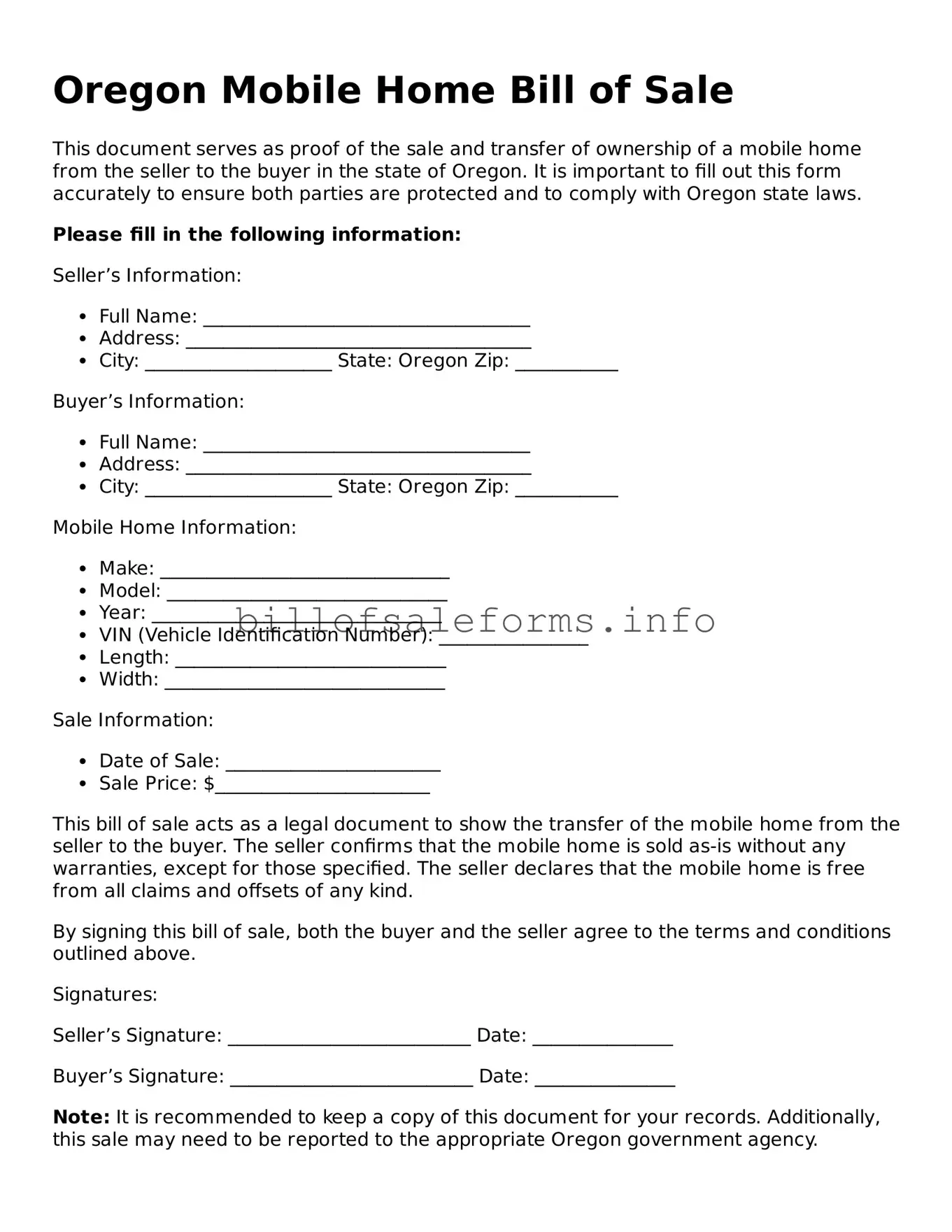Legal Mobile Home Bill of Sale Form for Oregon State