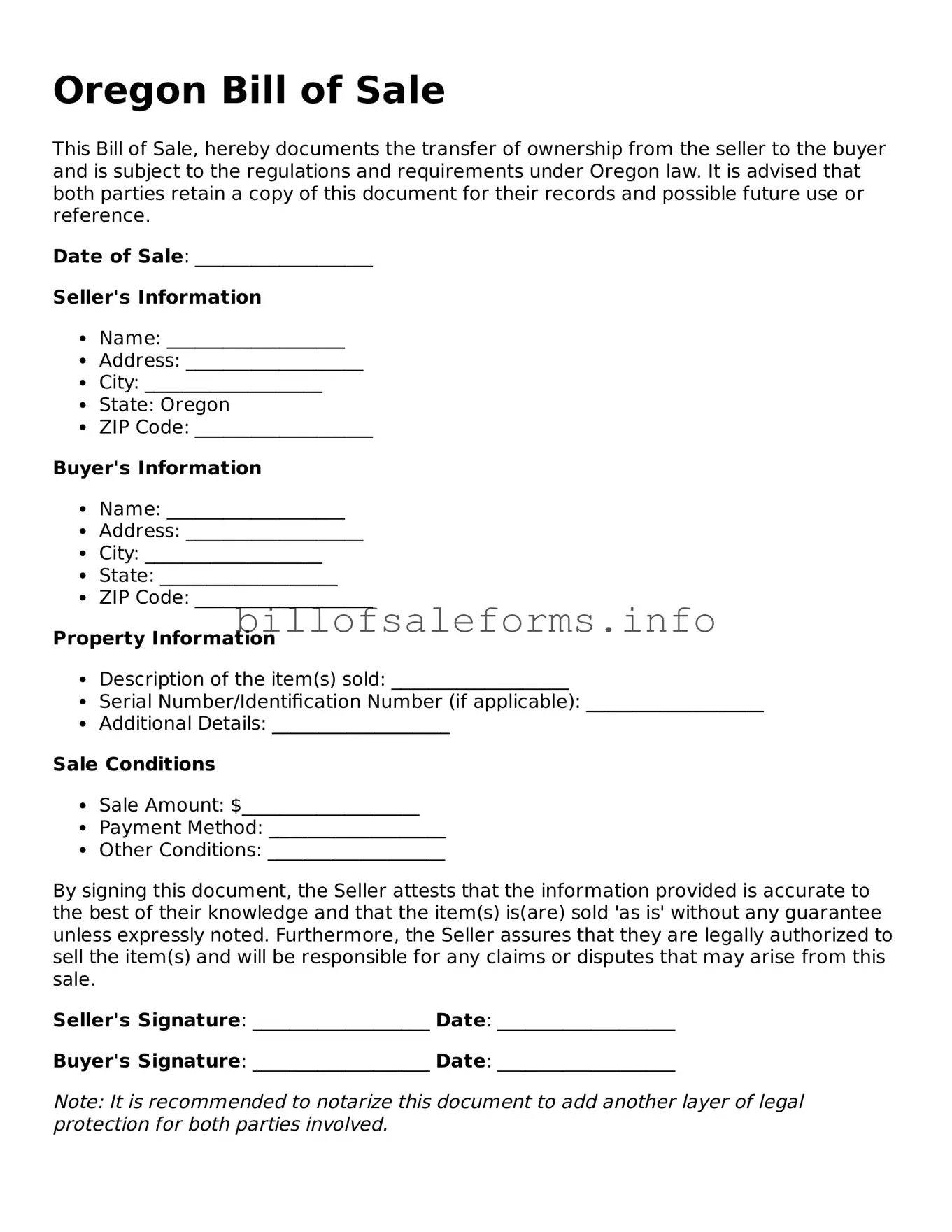 Legal Bill of Sale Form for Oregon State