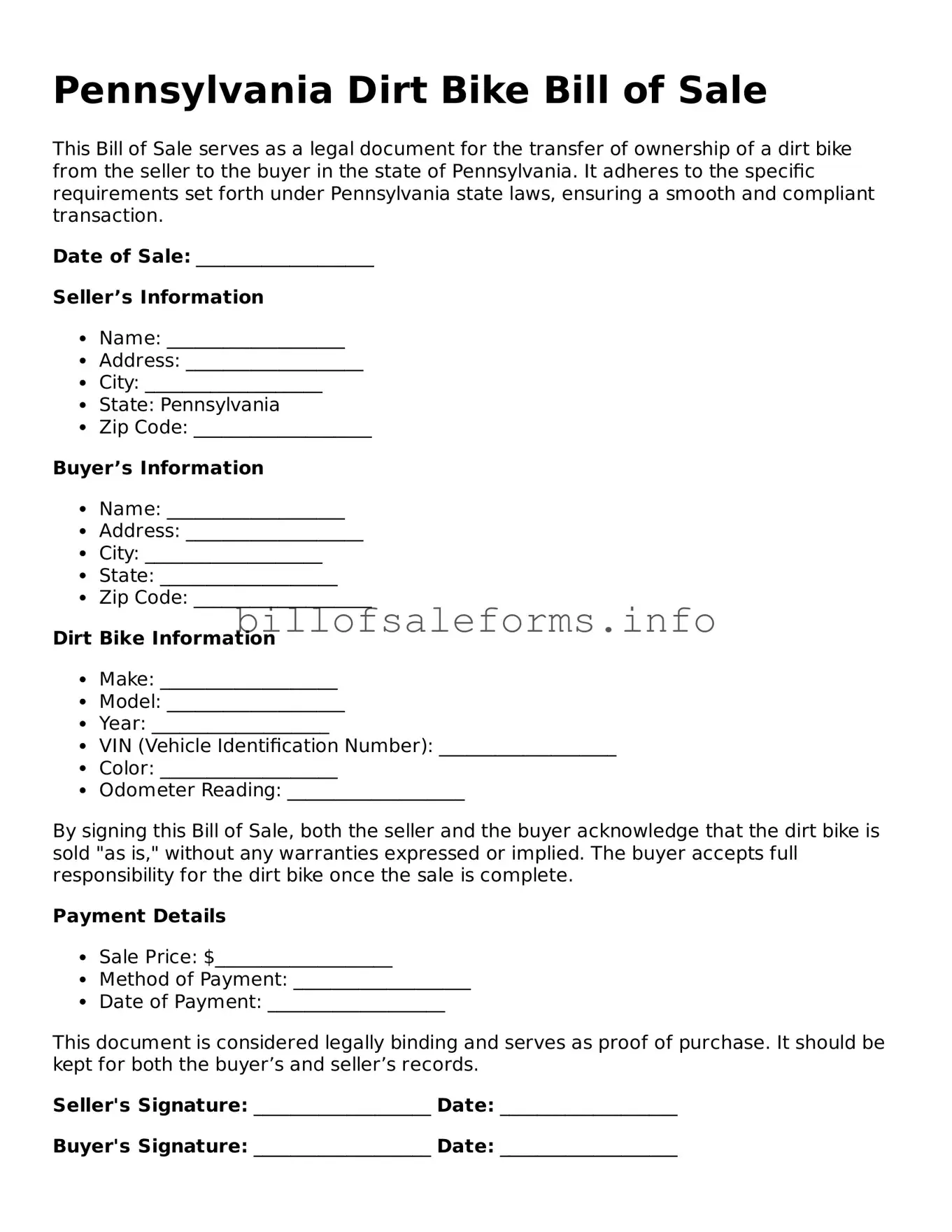 Legal Dirt Bike Bill of Sale Form for Pennsylvania State
