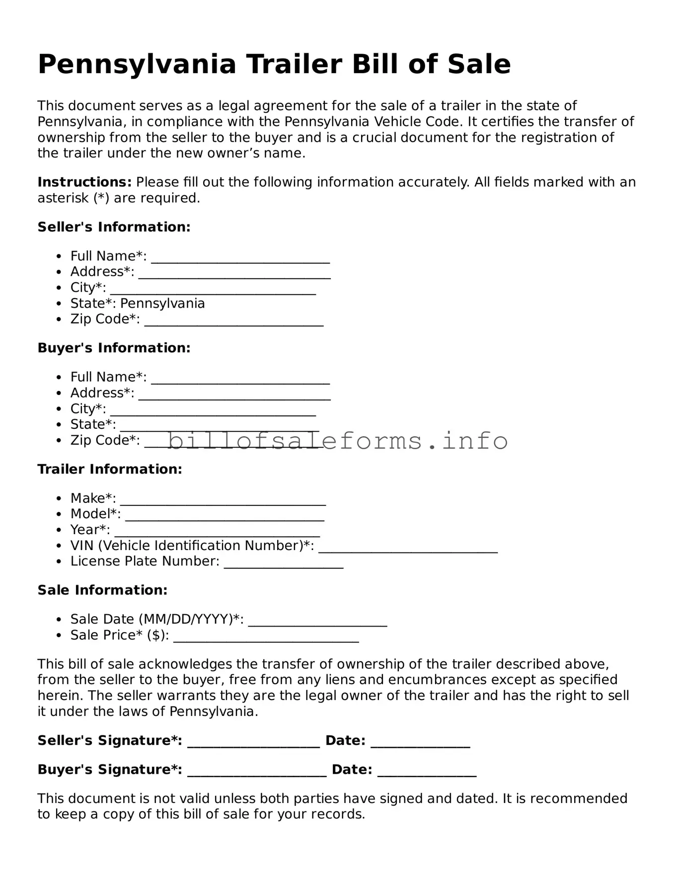 Legal Trailer Bill of Sale Form for Pennsylvania State