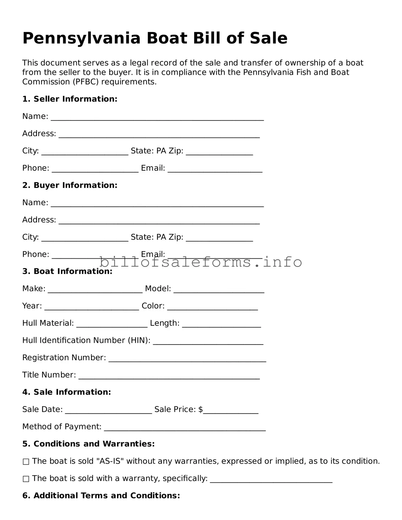 Legal Boat Bill of Sale Form for Pennsylvania State