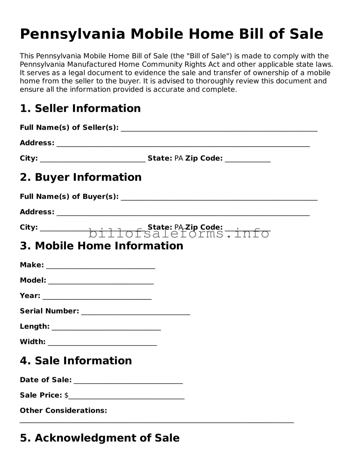 Legal Mobile Home Bill of Sale Form for Pennsylvania State