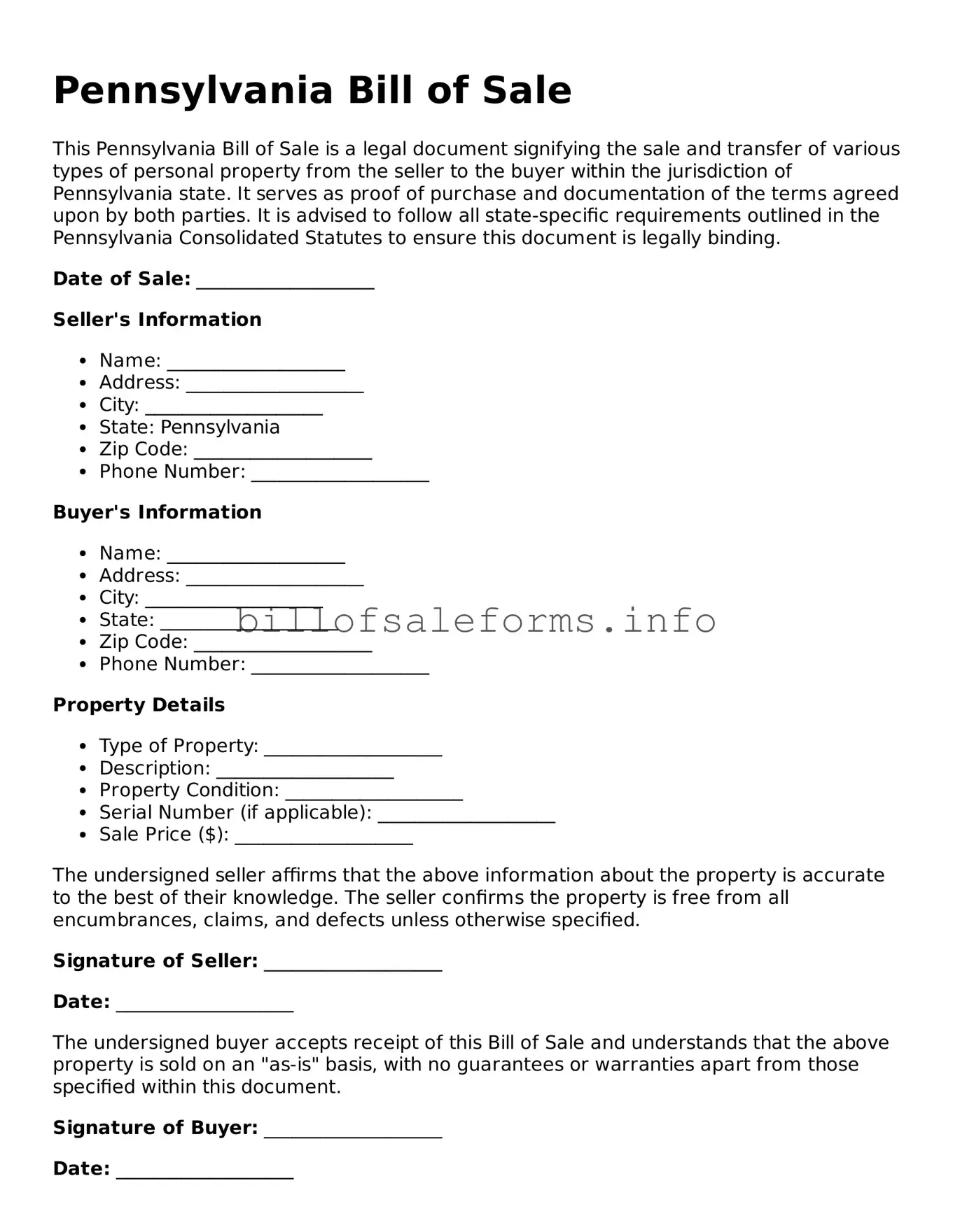 Legal Bill of Sale Form for Pennsylvania State