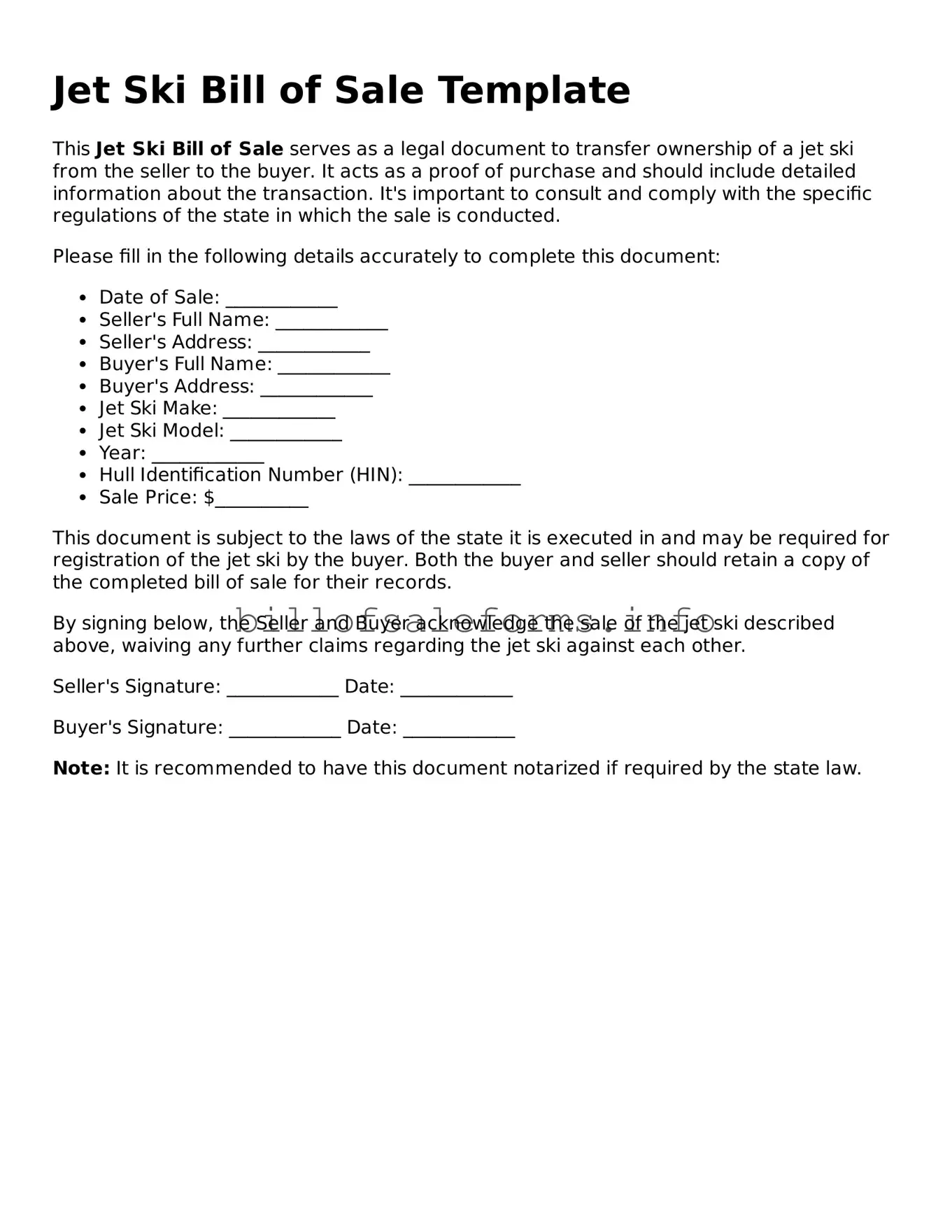 Printable Jet Ski Bill of Sale Template ⋆ Free Bill of Sale Forms
