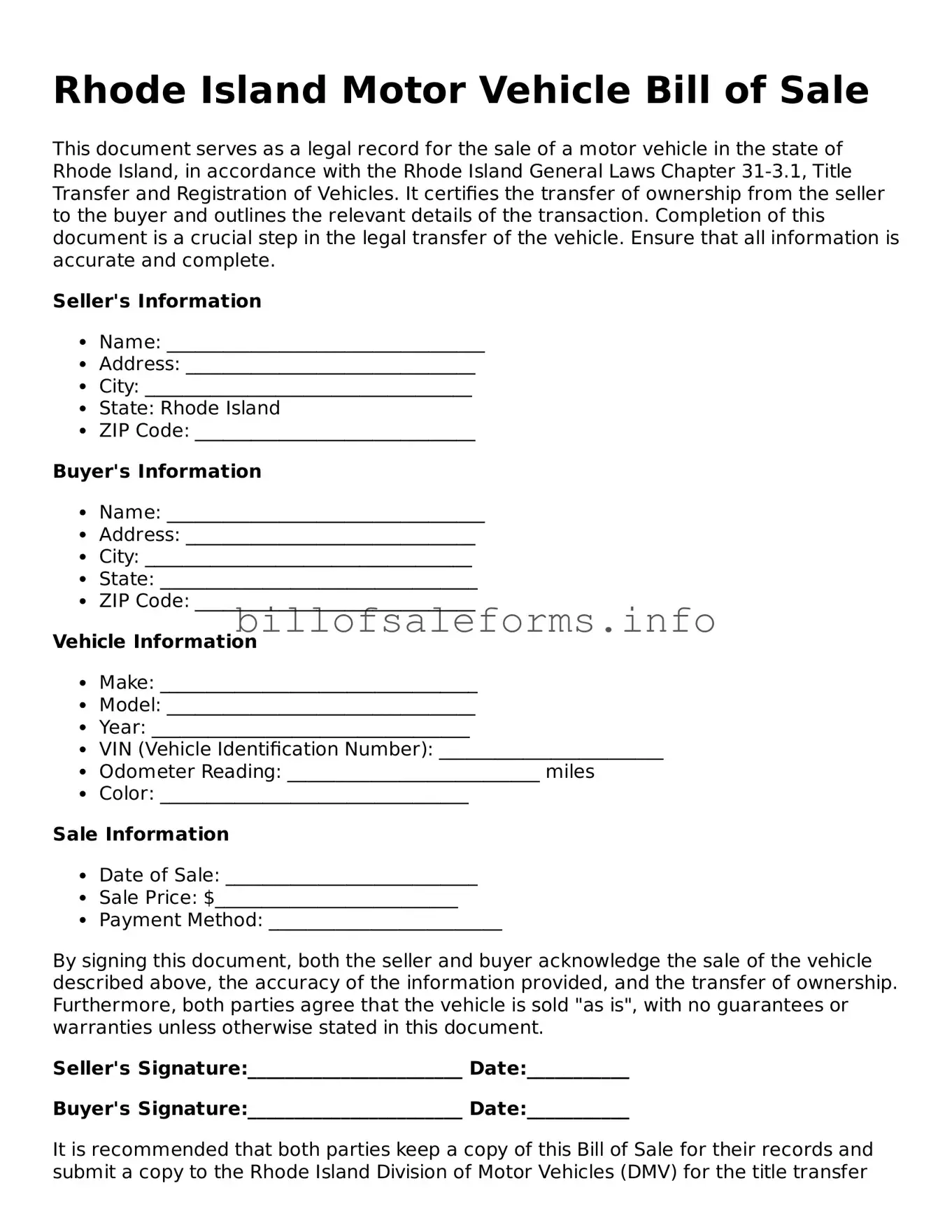 Legal Motor Vehicle Bill of Sale Form for Rhode Island State