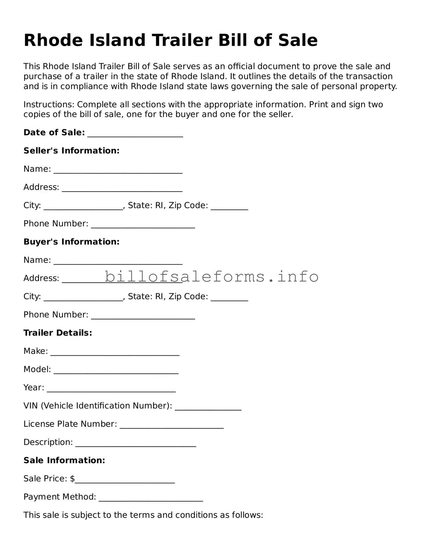 Legal Trailer Bill of Sale Form for Rhode Island State