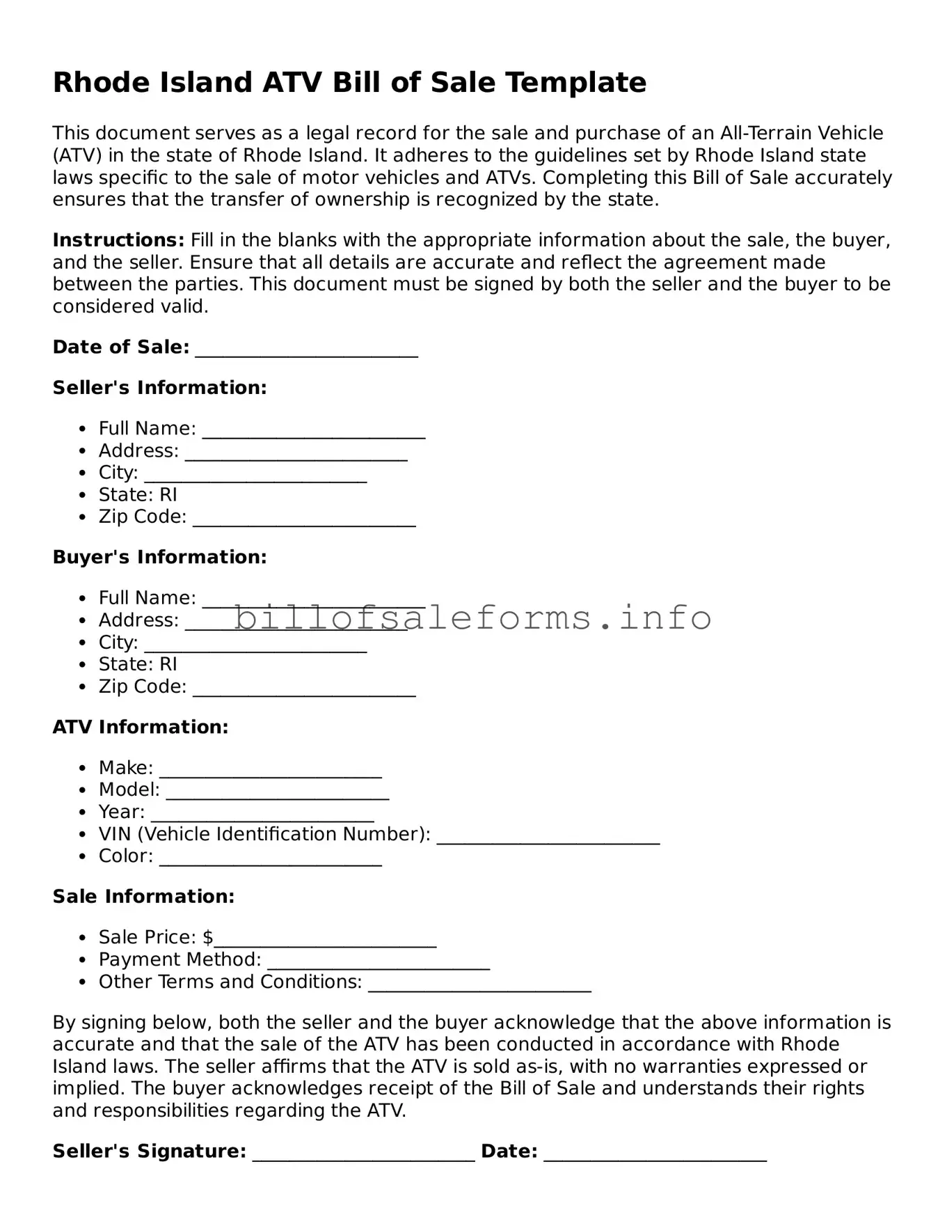 Legal ATV Bill of Sale Form for Rhode Island State