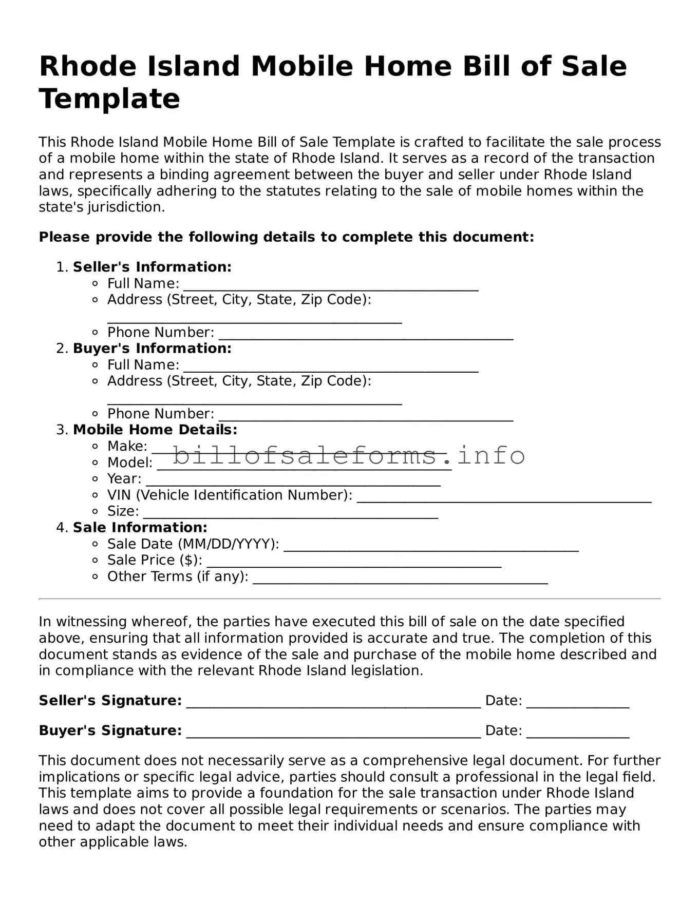 Legal Mobile Home Bill of Sale Form for Rhode Island State