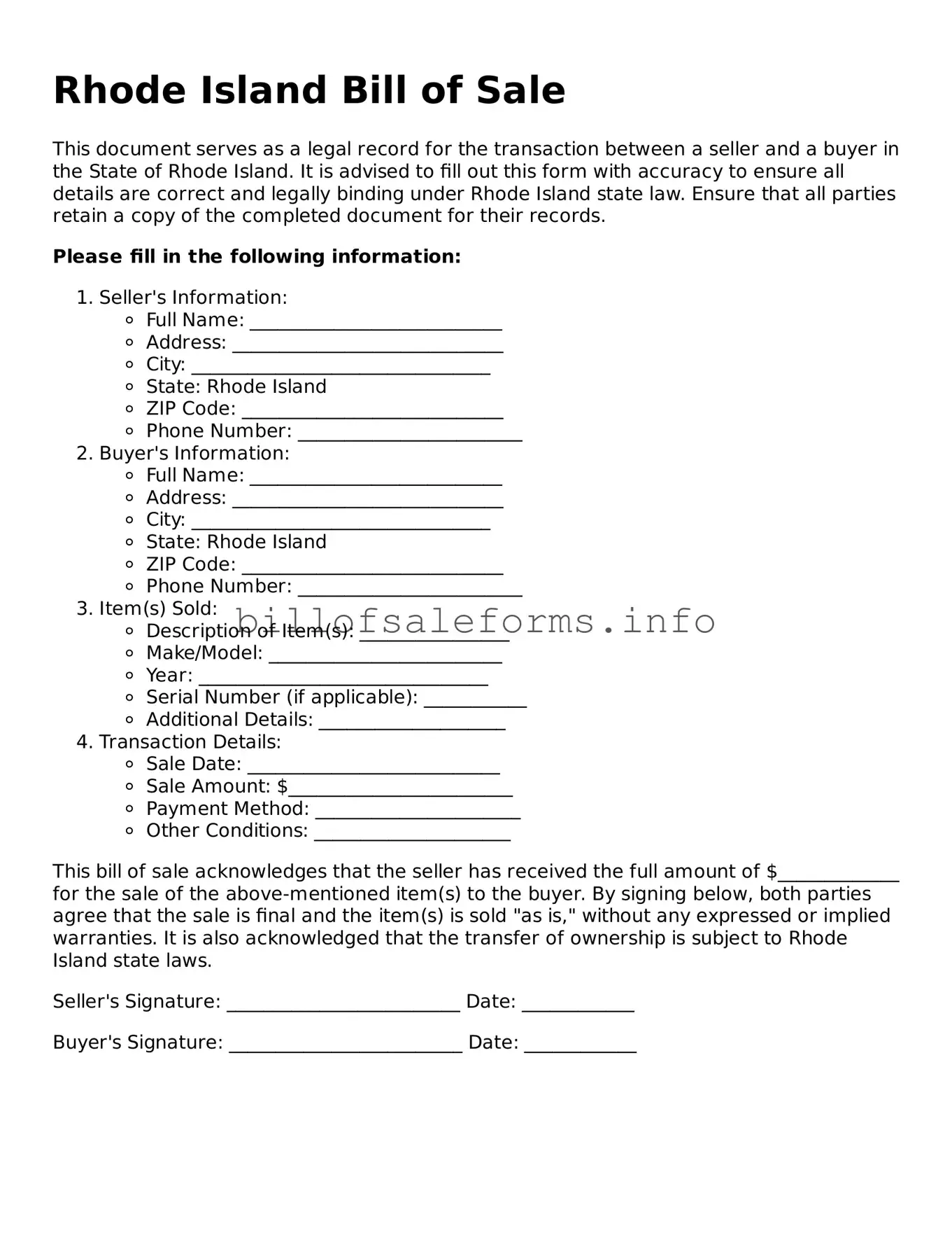 Legal Bill of Sale Form for Rhode Island State