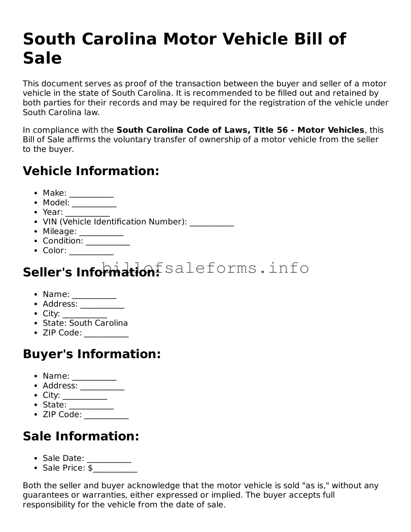 Legal Motor Vehicle Bill of Sale Form for South Carolina State