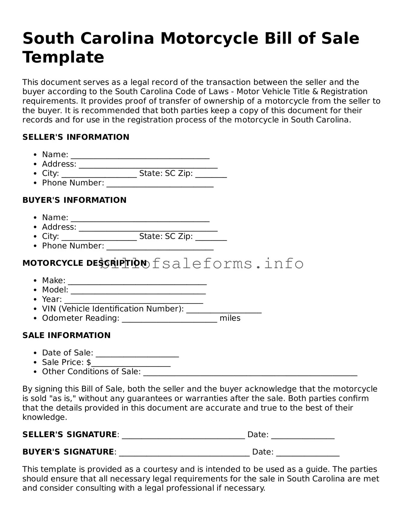 Legal Motorcycle Bill of Sale Form for South Carolina State