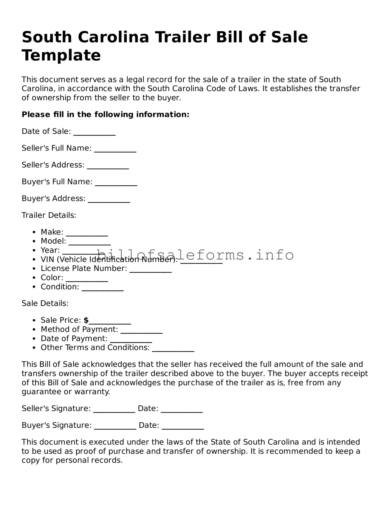 Legal Trailer Bill of Sale Form for South Carolina State