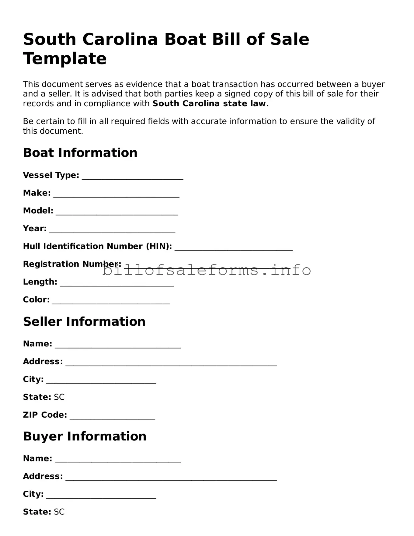 Legal Boat Bill of Sale Form for South Carolina State