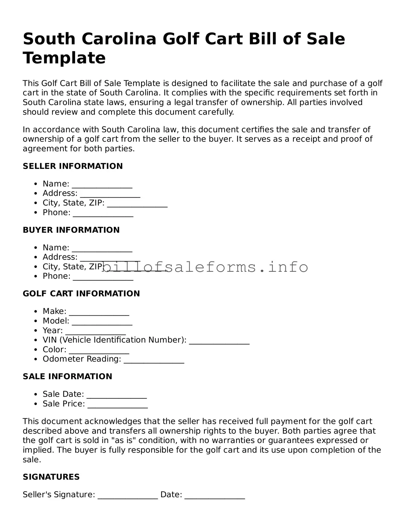 Legal Golf Cart Bill of Sale Form for South Carolina State