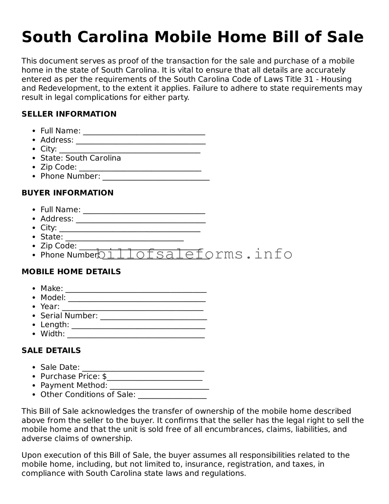 Legal Mobile Home Bill of Sale Form for South Carolina State