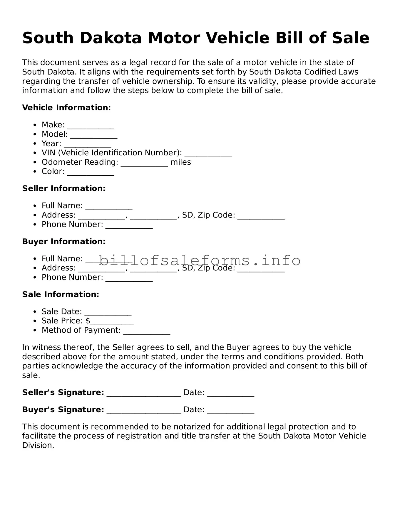 Legal Motor Vehicle Bill of Sale Form for South Dakota State