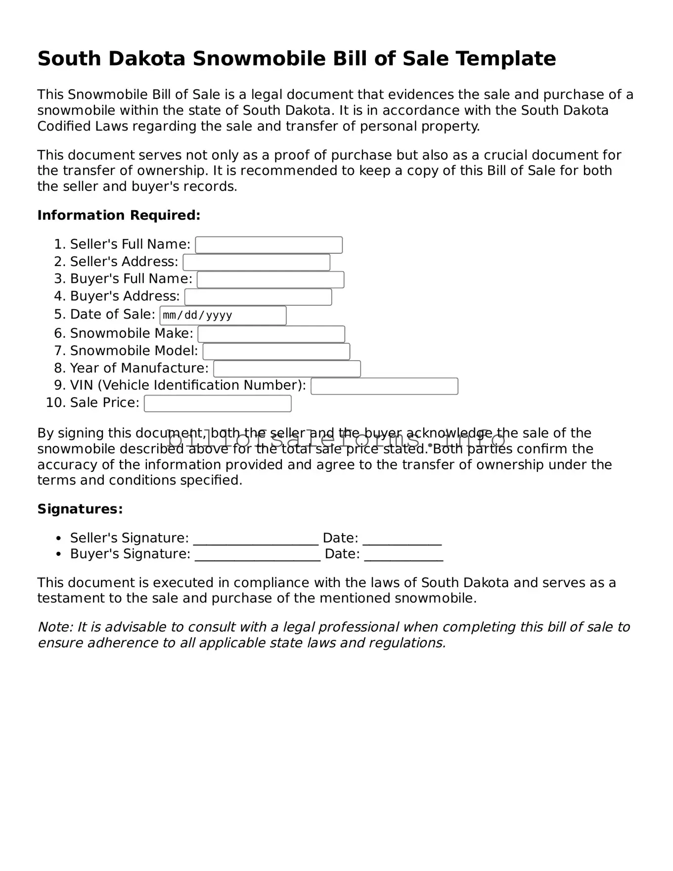 Legal Snowmobile Bill of Sale Form for South Dakota State