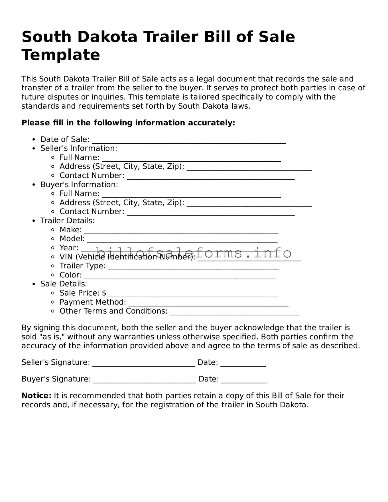 Legal Trailer Bill of Sale Form for South Dakota State