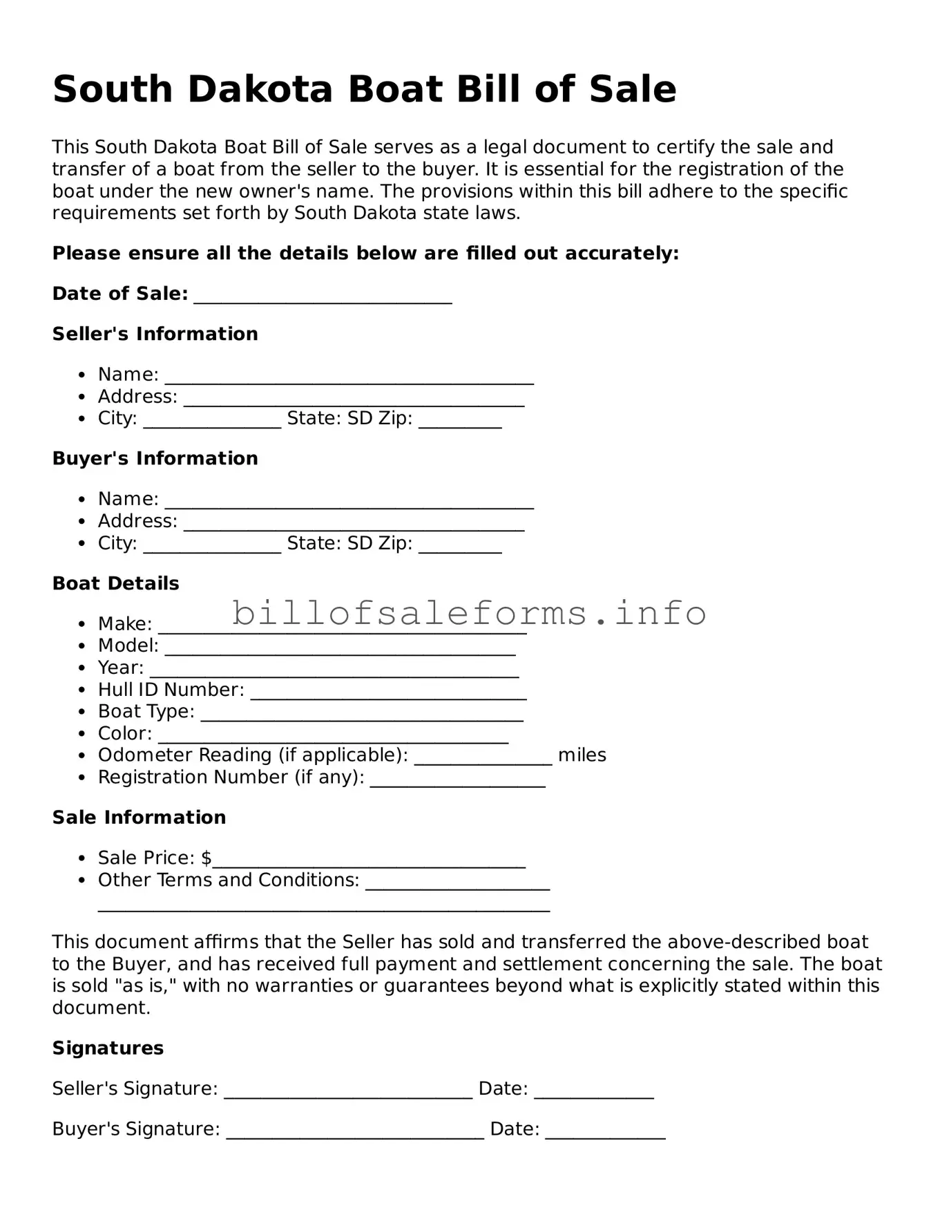 Legal Boat Bill of Sale Form for South Dakota State