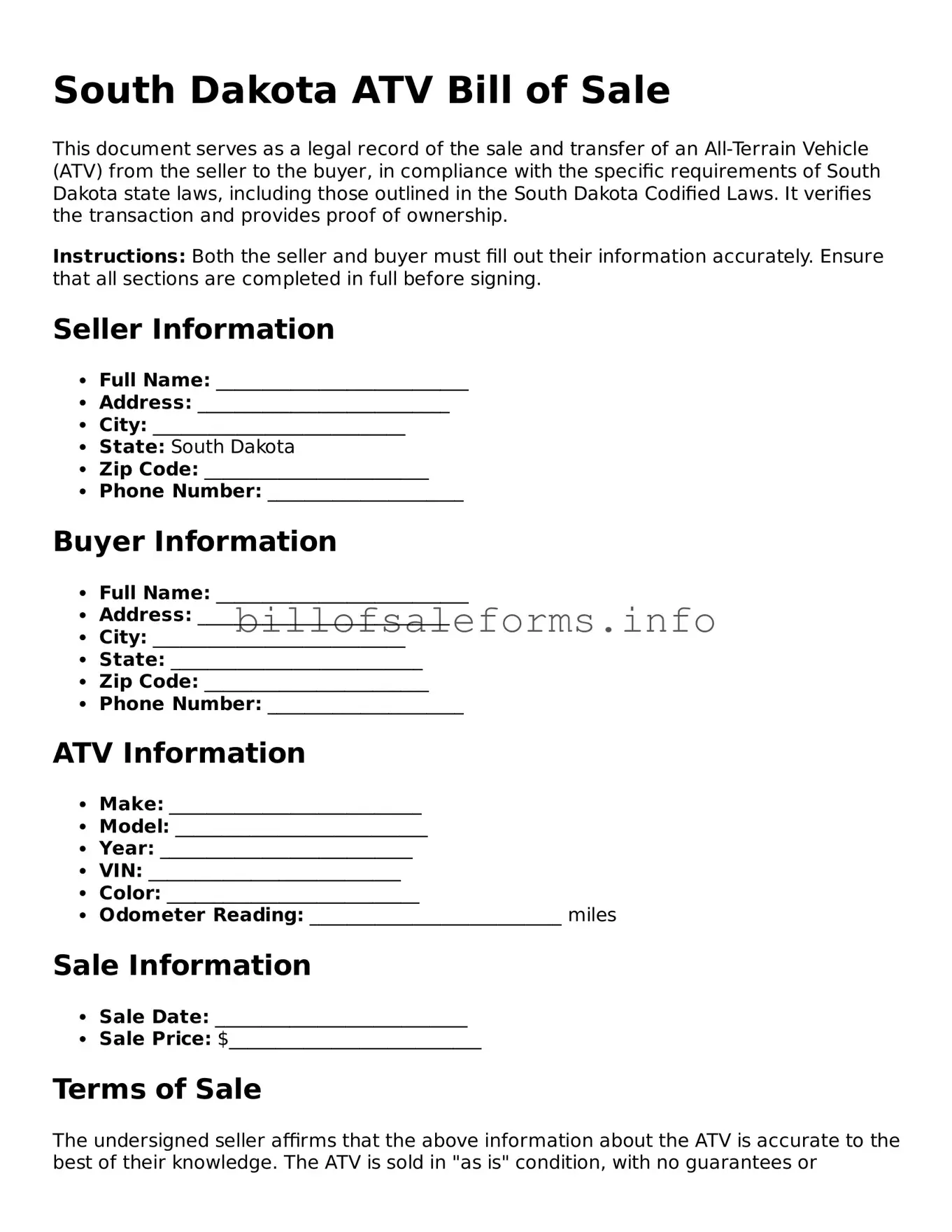 Legal ATV Bill of Sale Form for South Dakota State