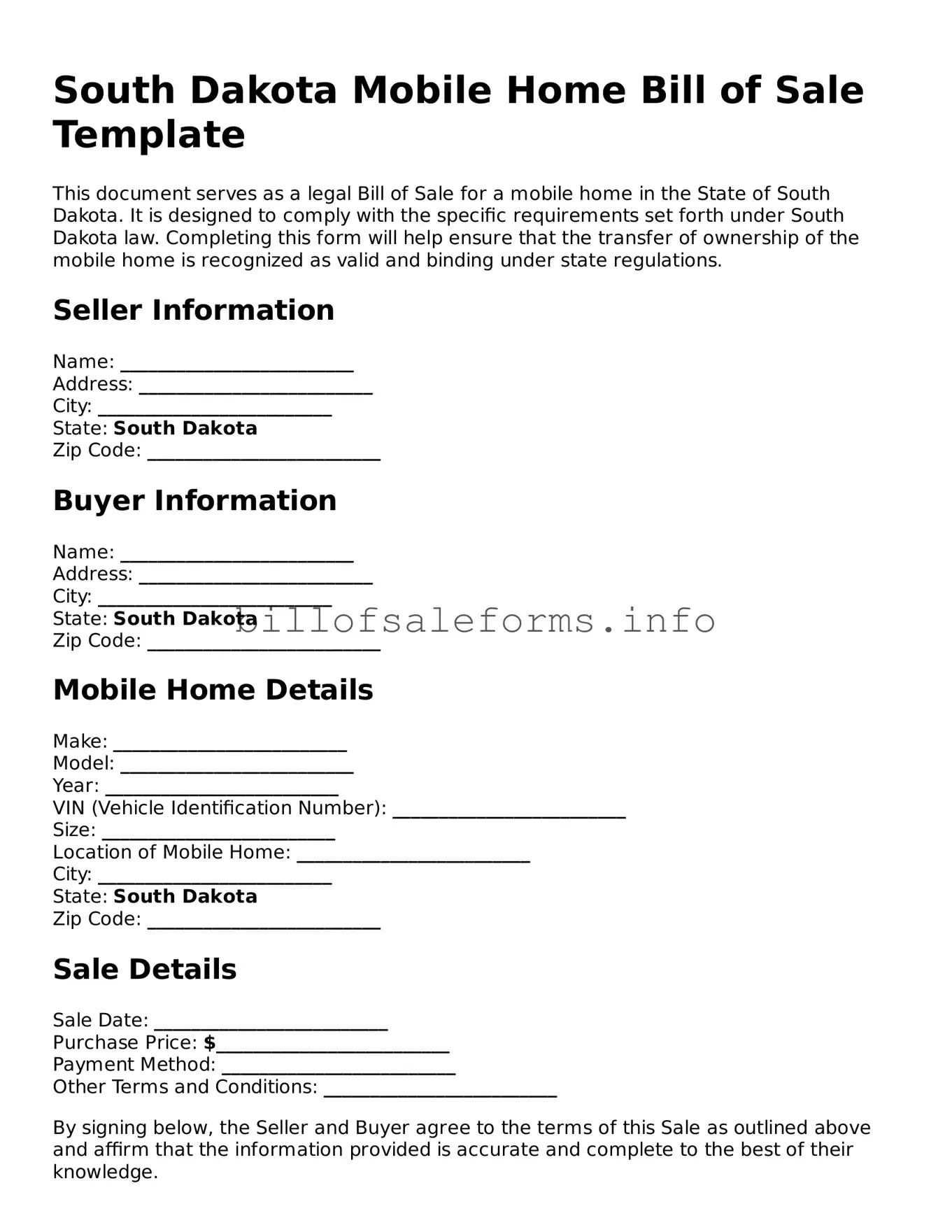 Legal Mobile Home Bill of Sale Form for South Dakota State