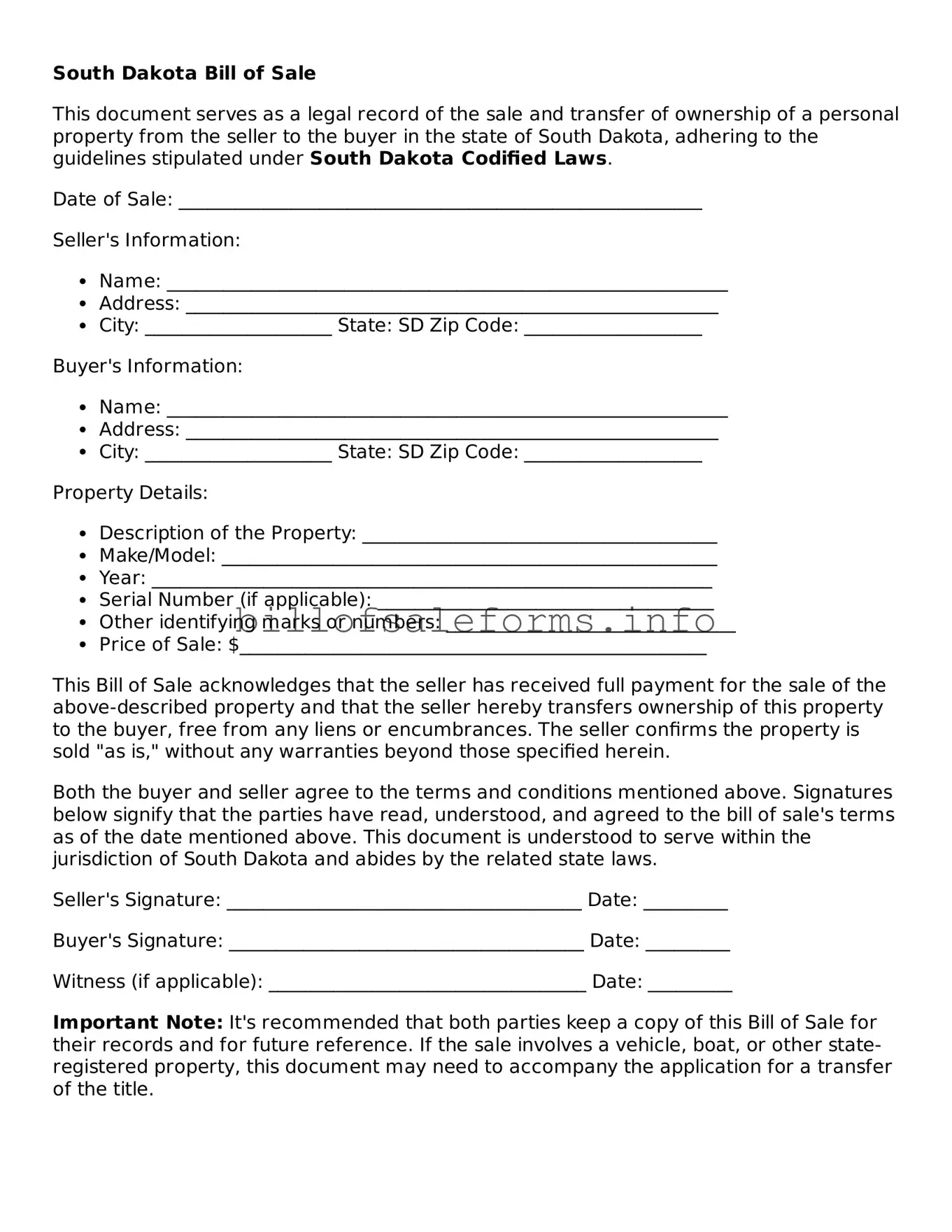 Legal Bill of Sale Form for South Dakota State