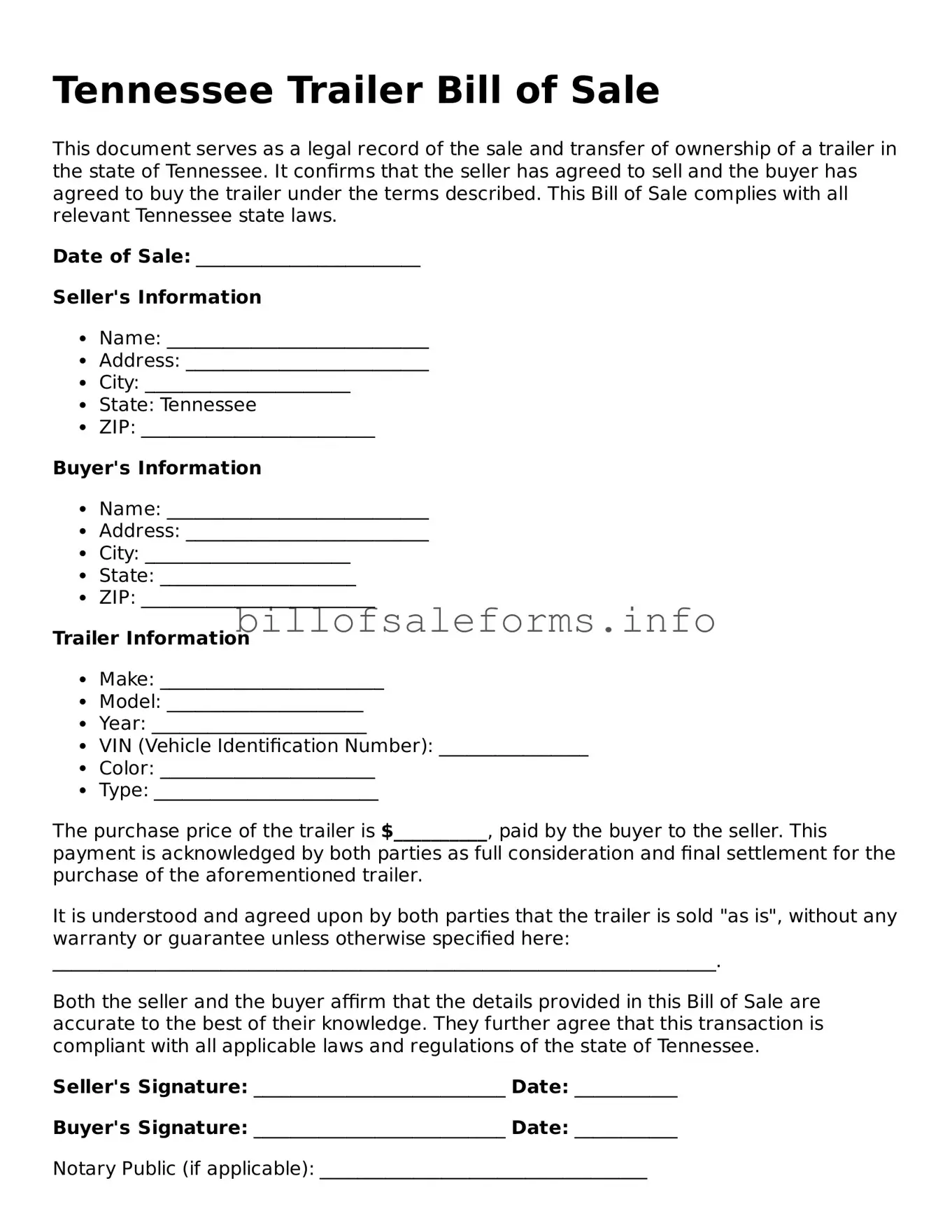 Legal Trailer Bill of Sale Form for Tennessee State