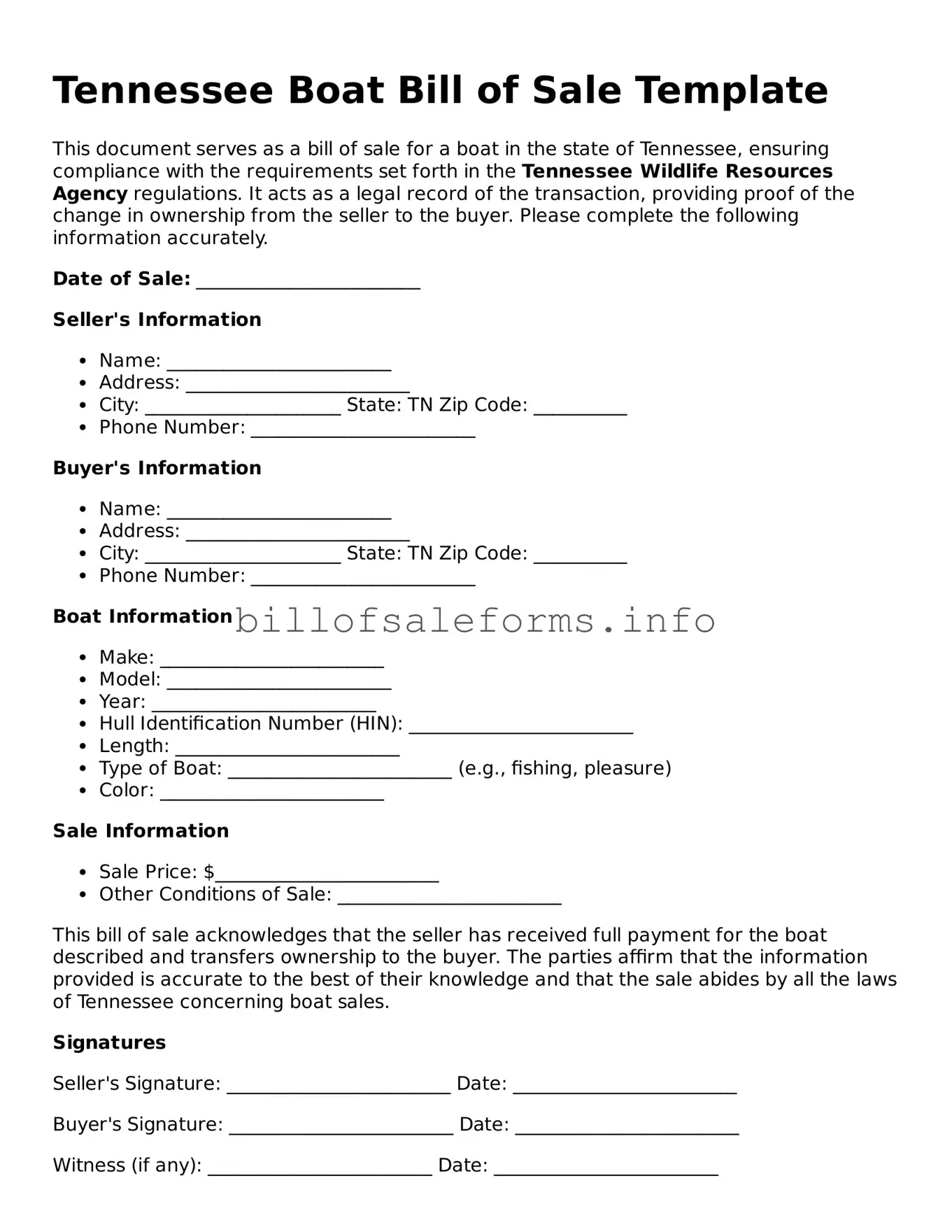 Legal Boat Bill of Sale Form for Tennessee State
