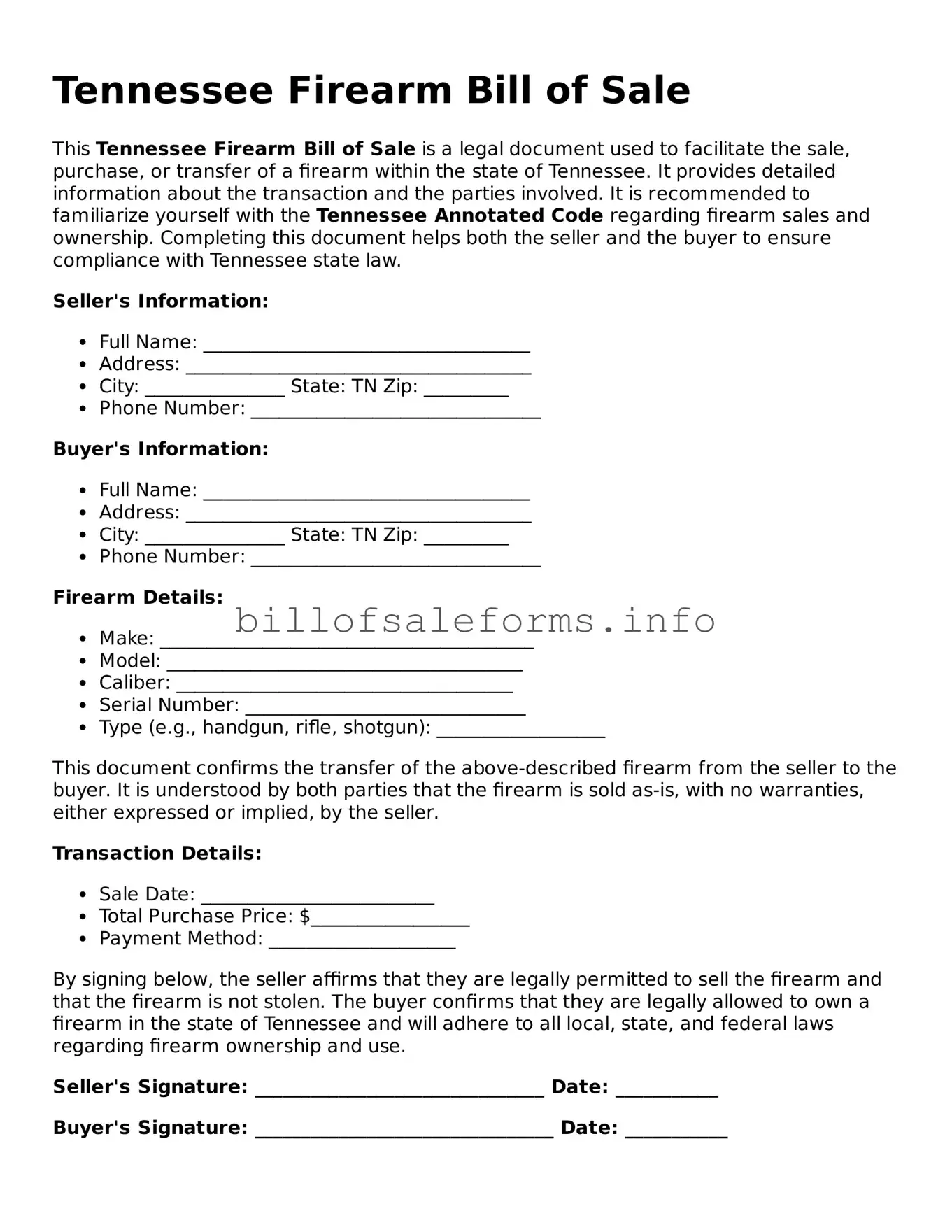 Legal Firearm Bill of Sale Form for Tennessee State