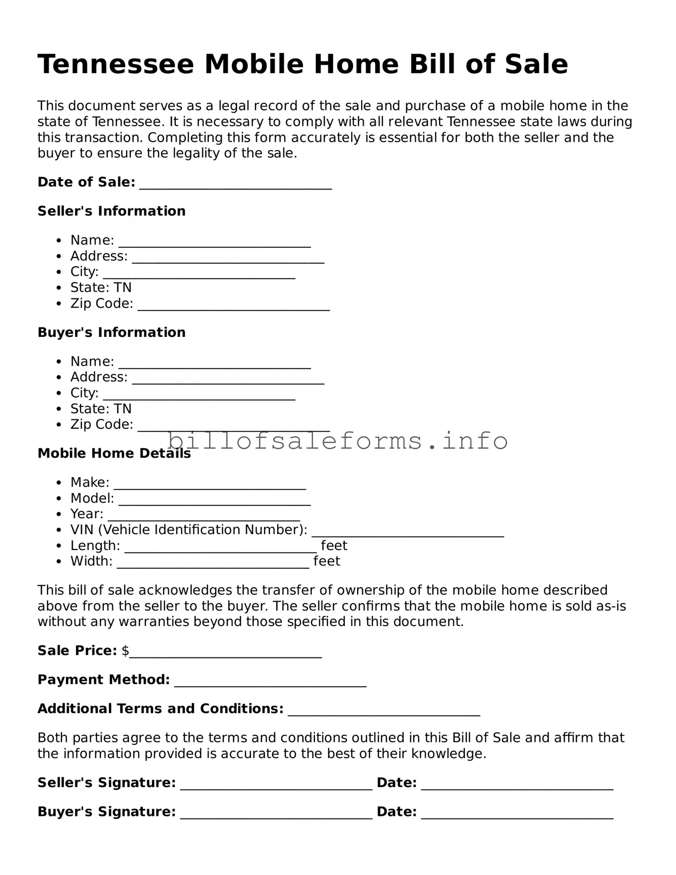 Legal Mobile Home Bill of Sale Form for Tennessee State