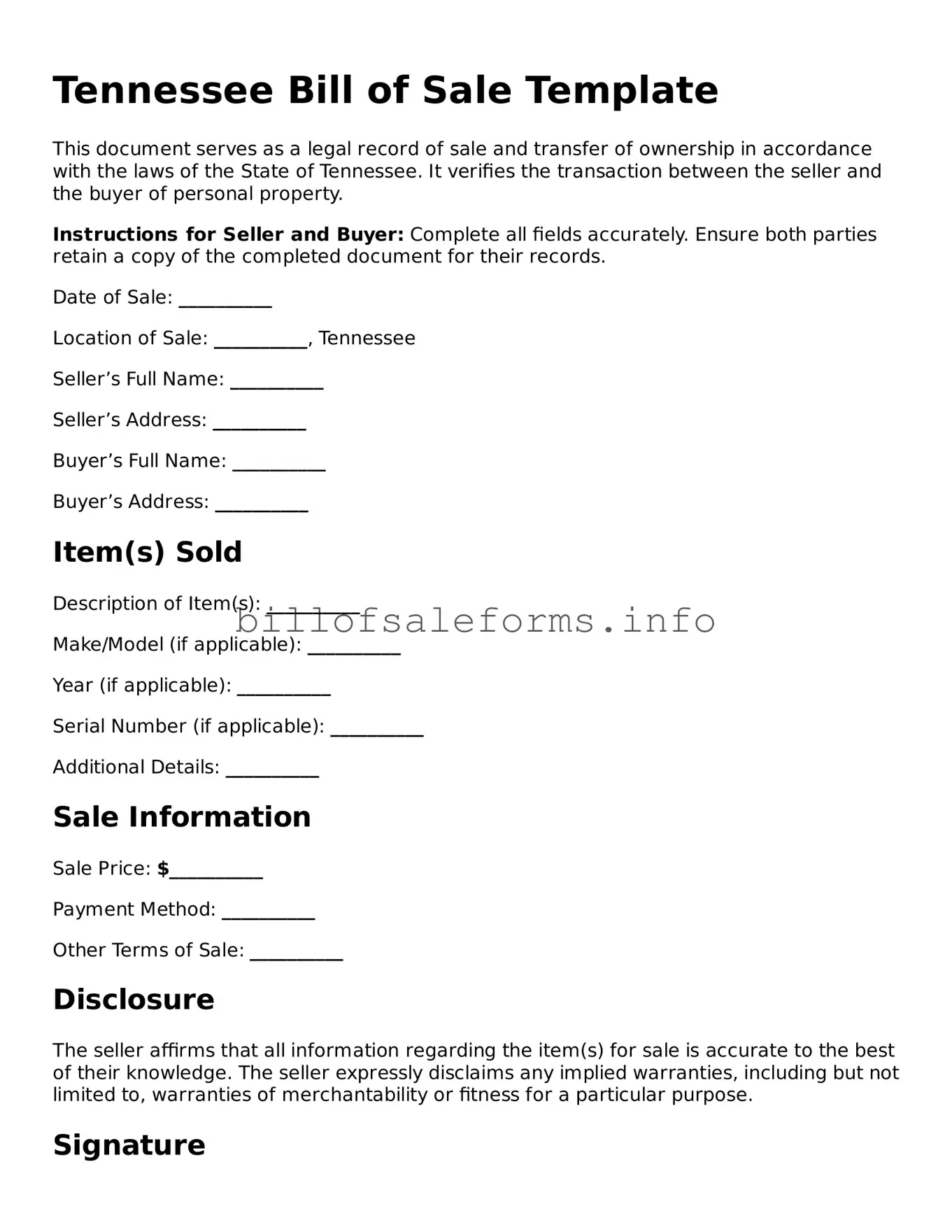 Legal Bill of Sale Form for Tennessee State