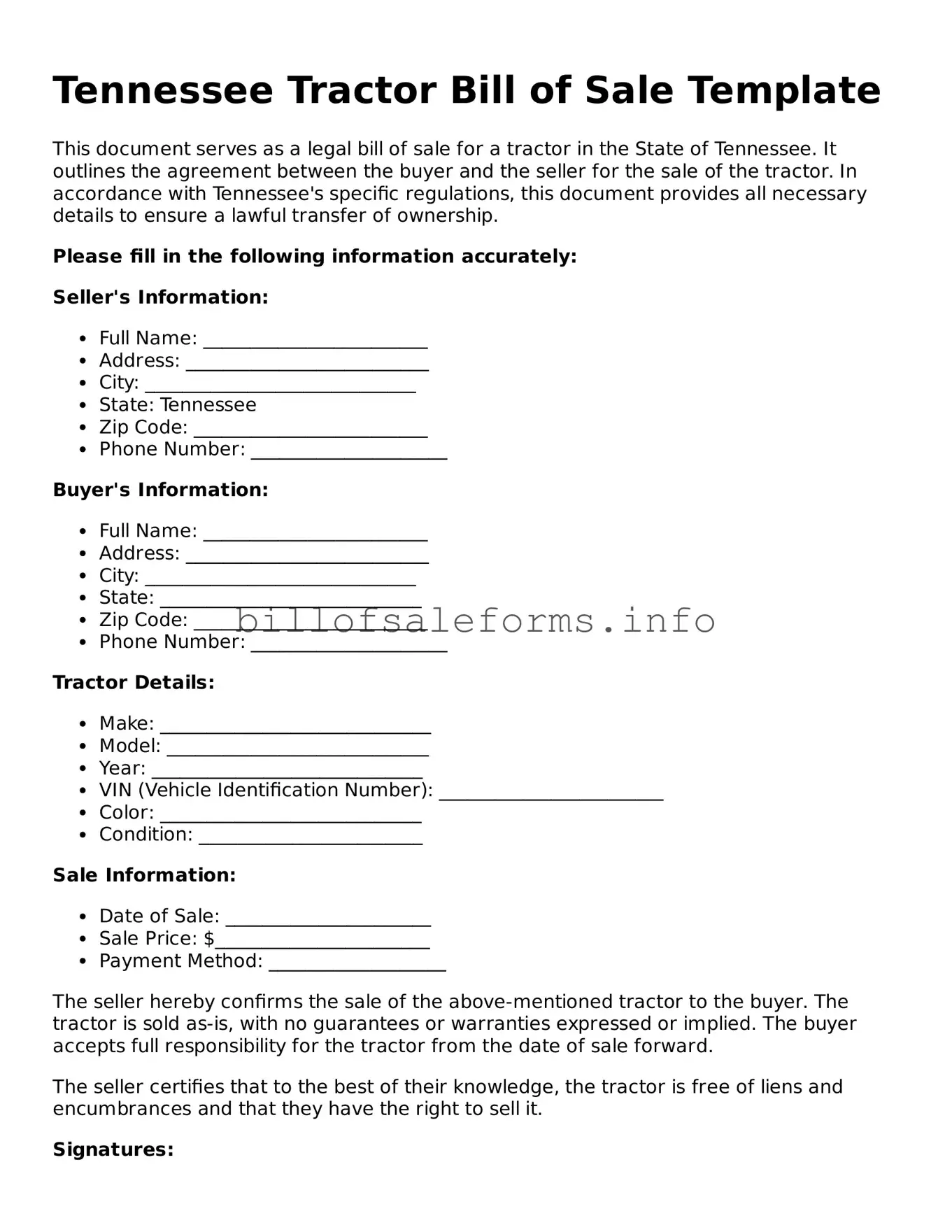 Legal Tractor Bill of Sale Form for Tennessee State