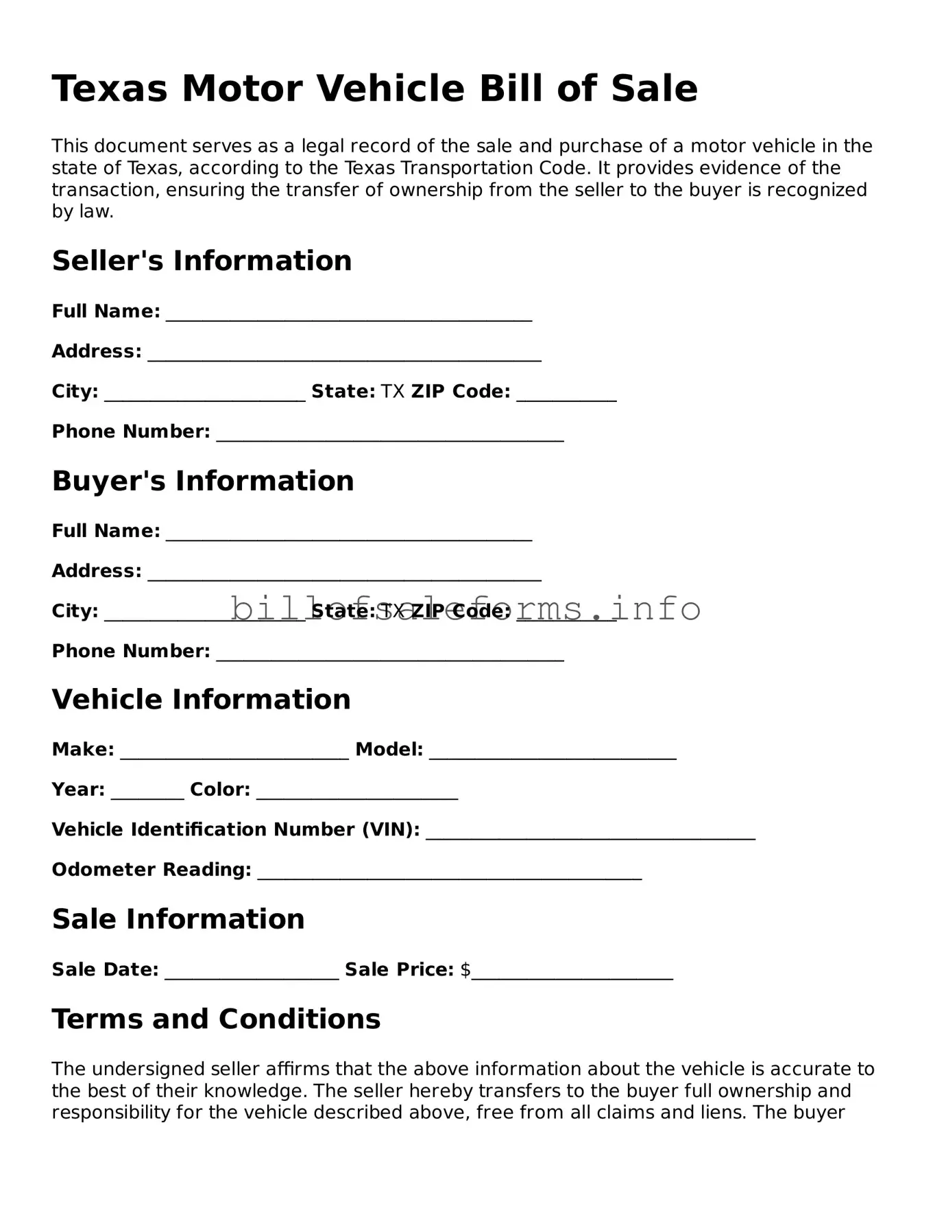 Legal Motor Vehicle Bill of Sale Form for Texas State