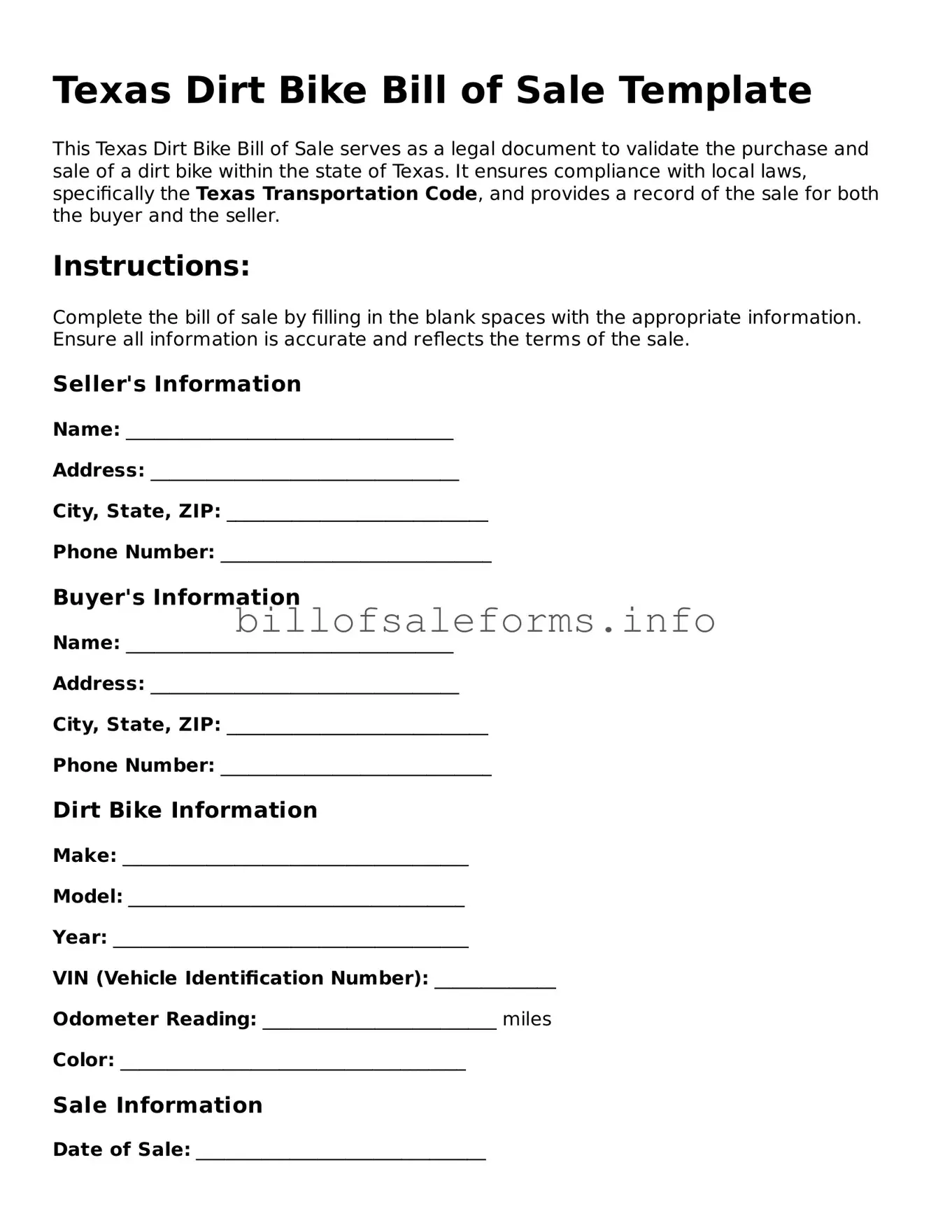 Legal Dirt Bike Bill of Sale Form for Texas State