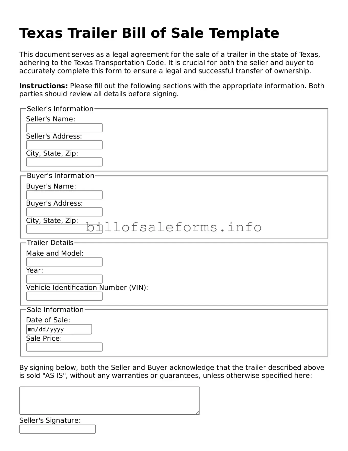 Legal Trailer Bill of Sale Form for Texas State