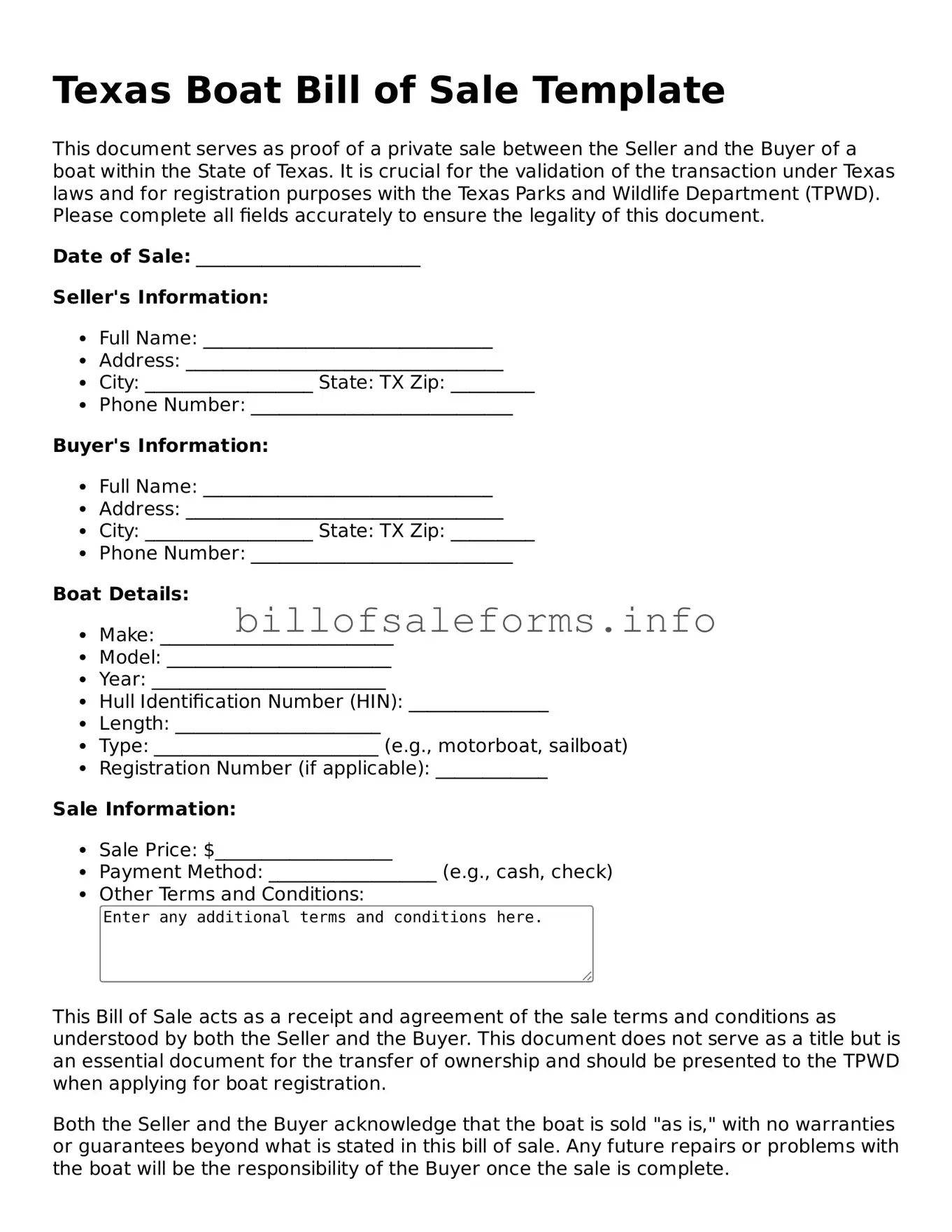 Legal Boat Bill of Sale Form for Texas State