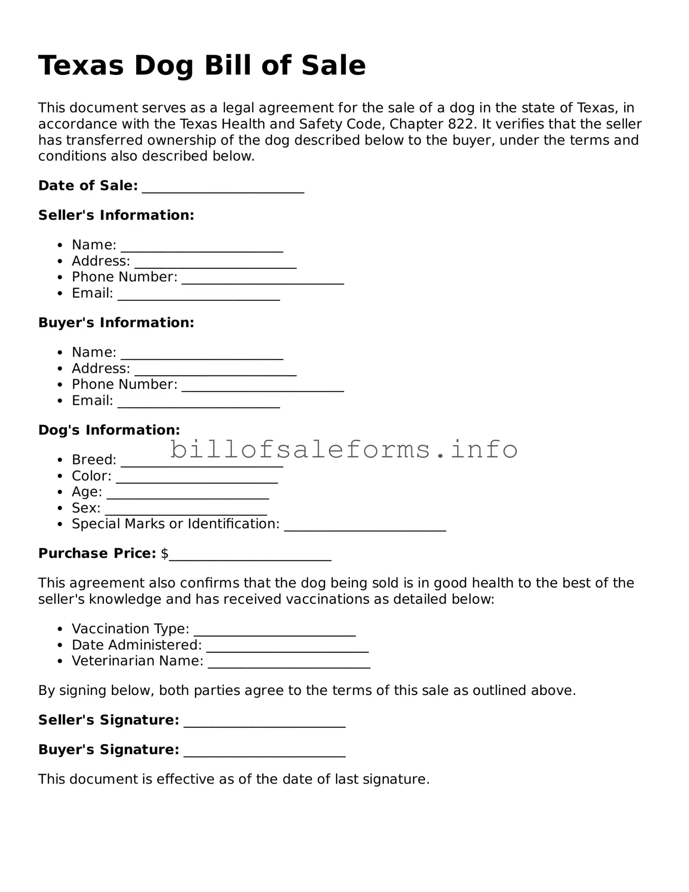 Legal Dog Bill of Sale Form for Texas State