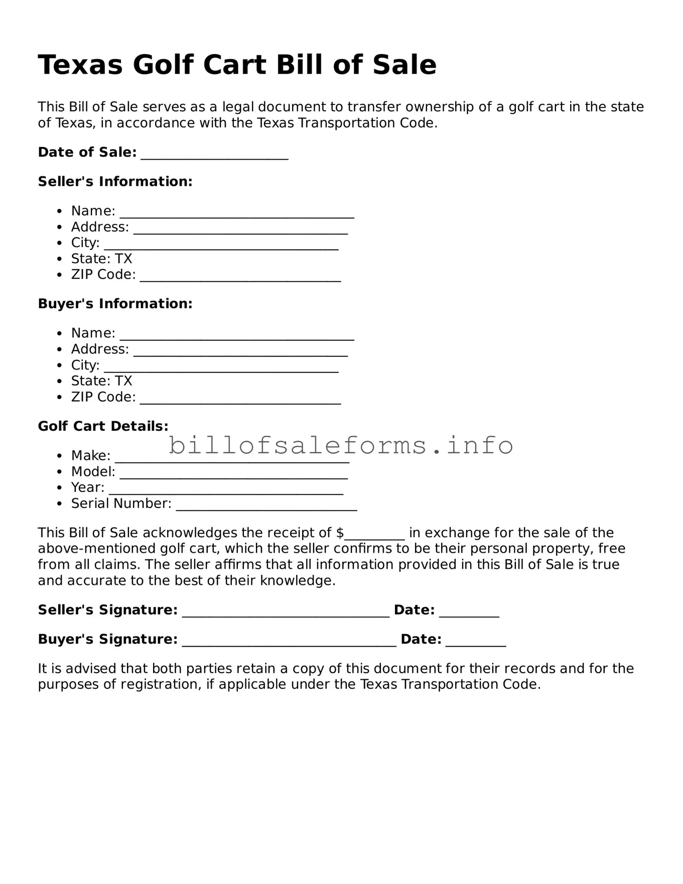 Legal Golf Cart Bill of Sale Form for Texas State