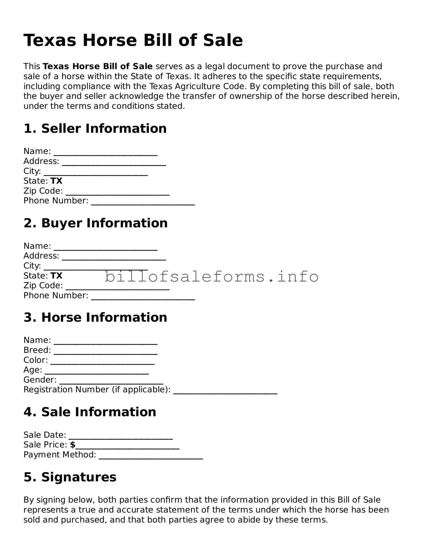 Legal Horse Bill of Sale Form for Texas State