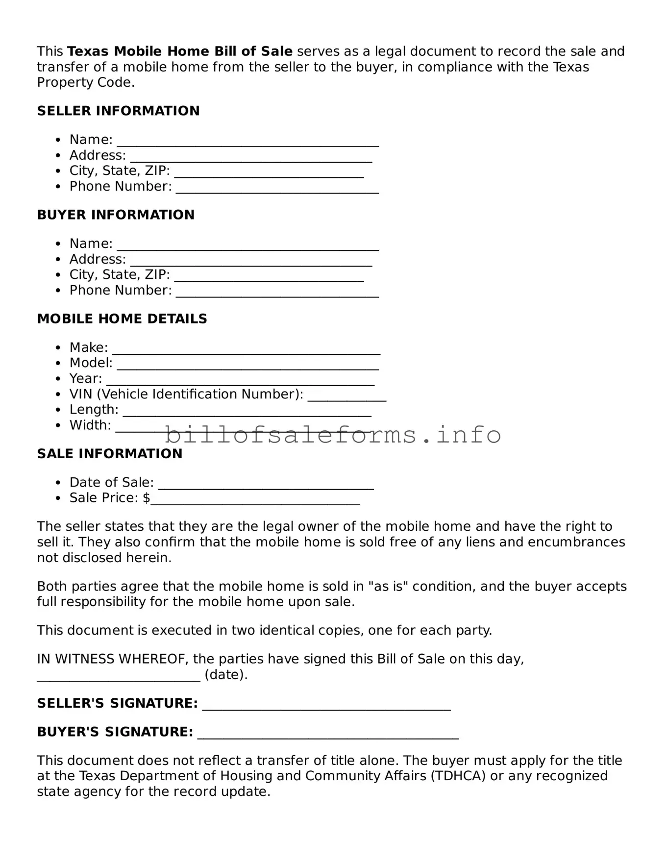Legal Mobile Home Bill of Sale Form for Texas State