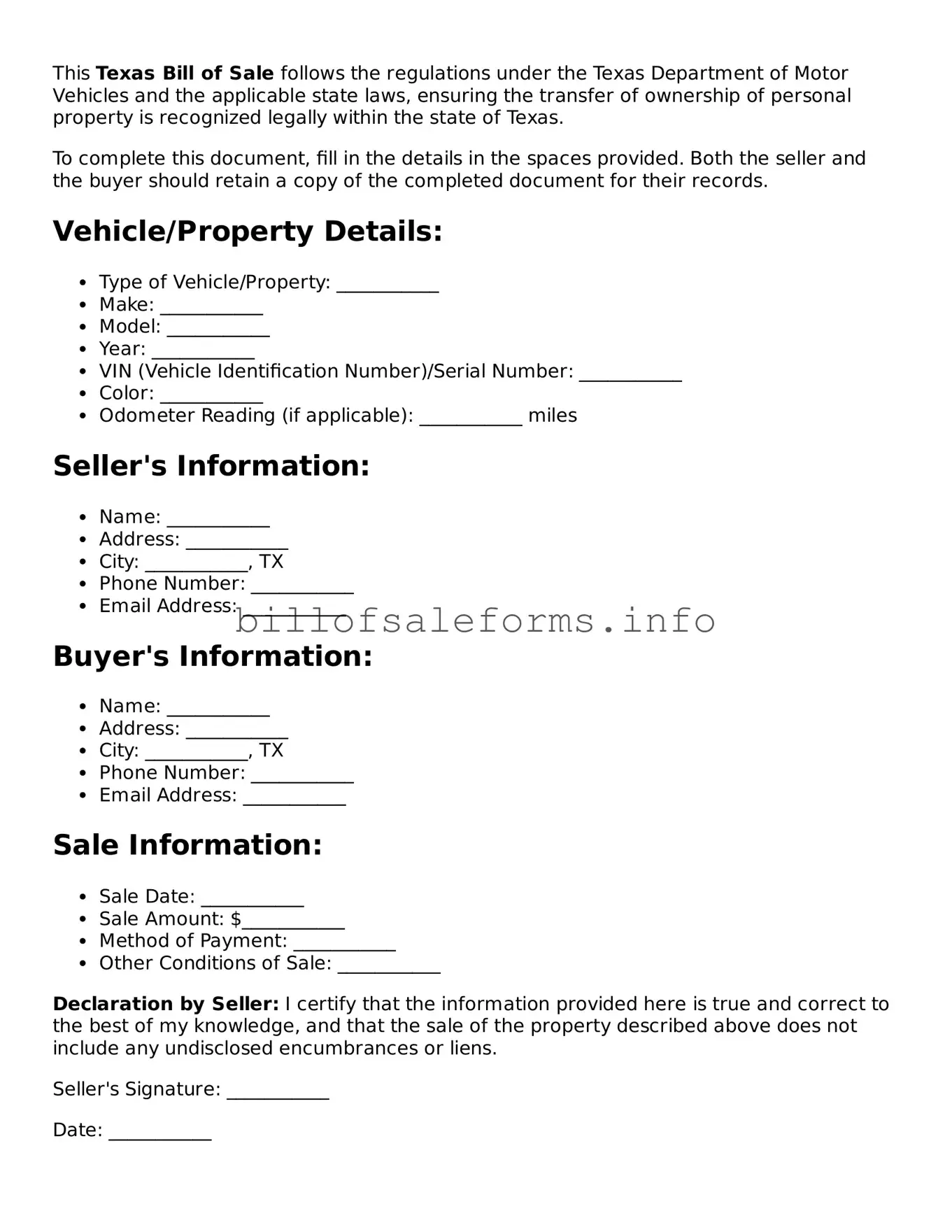 Legal Bill of Sale Form for Texas State