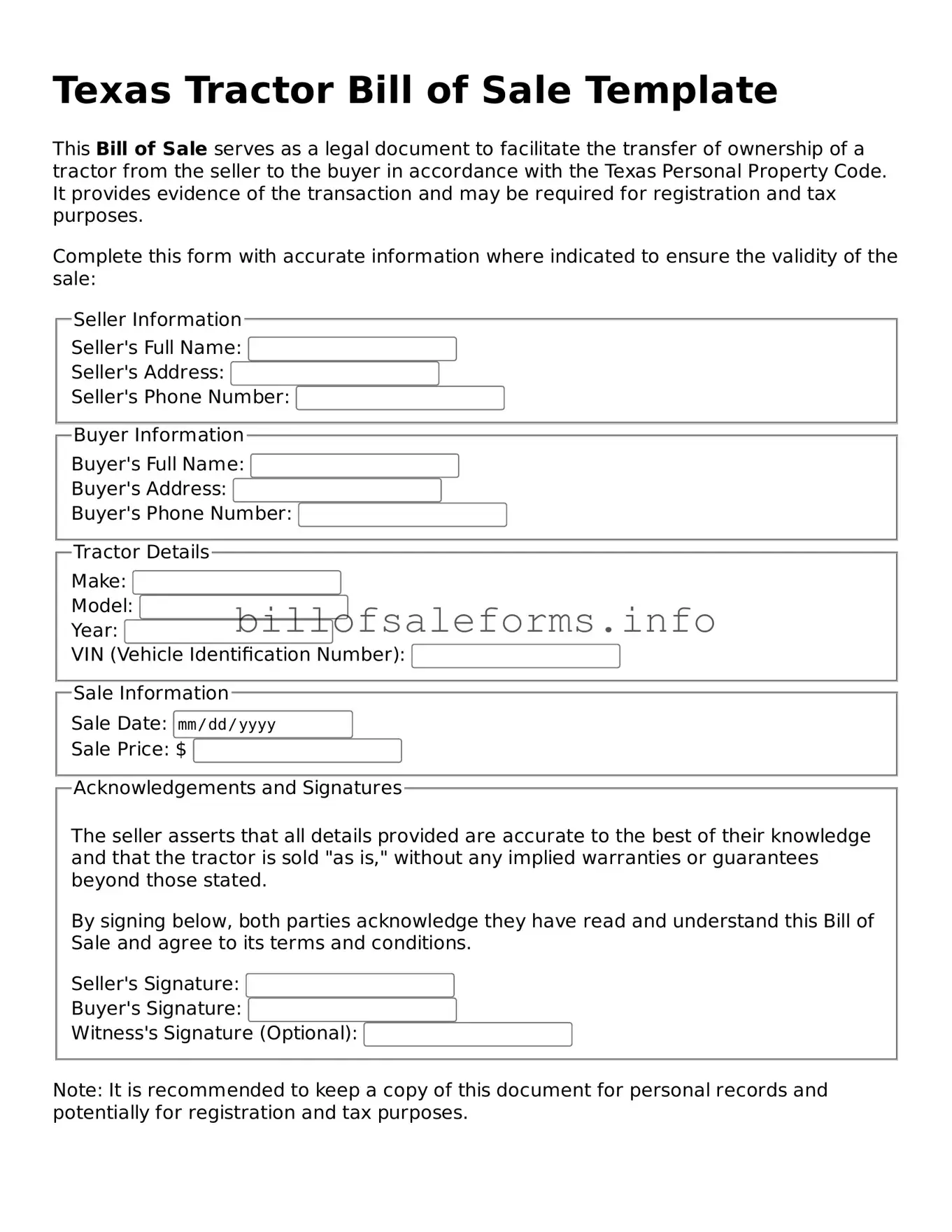 Legal Tractor Bill of Sale Form for Texas State