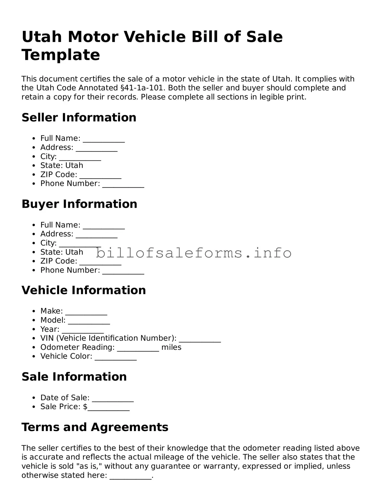 Legal Motor Vehicle Bill of Sale Form for Utah State